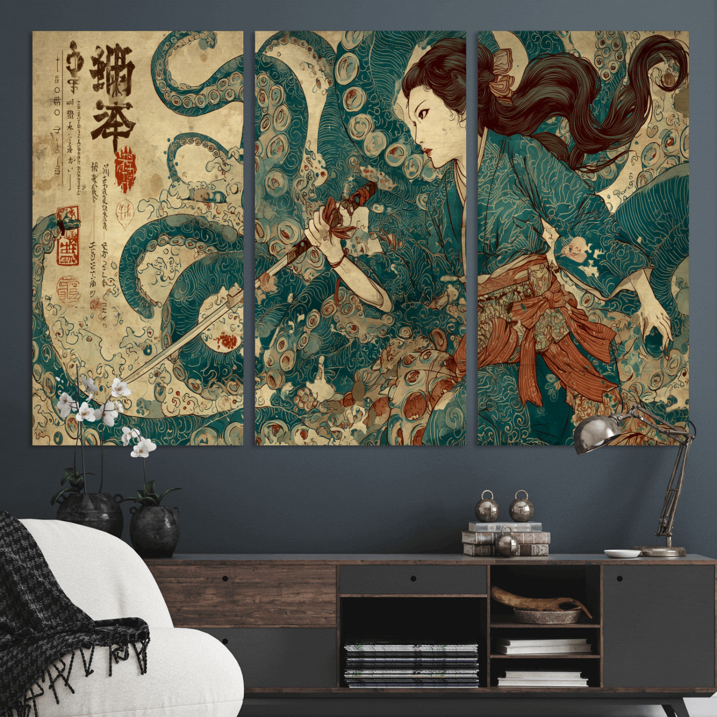 18575670-MGV-CV-36X24-Tsukioka Yoshitoshi Samurai Wall Art Print, Japanese Katana Warrior Canvas Wall Art, Octopus Sea Monster Canvas Print,