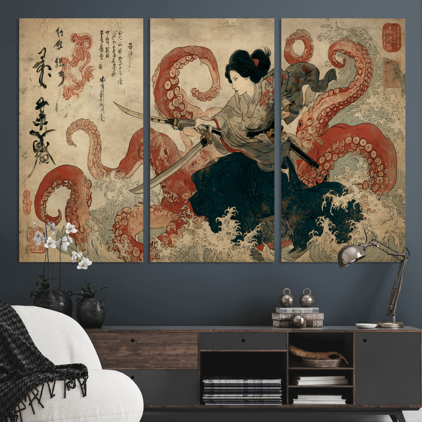 50812504-MGV-CV-36X24-Samurai Woman vs Octopus Wall Art – Japanese Ukiyo-e Red Tentacle Canvas Print, Ocean Battle Artwork for Living Room, Office, Man