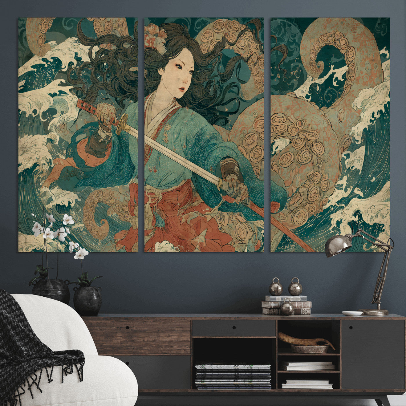 79740258-MGV-CV-36X24-Tsukioka Yoshitoshi Samurai Wall Art Print, Japanese Katana Warrior Canvas Wall Art, Octopus Sea Monster Canvas Print,