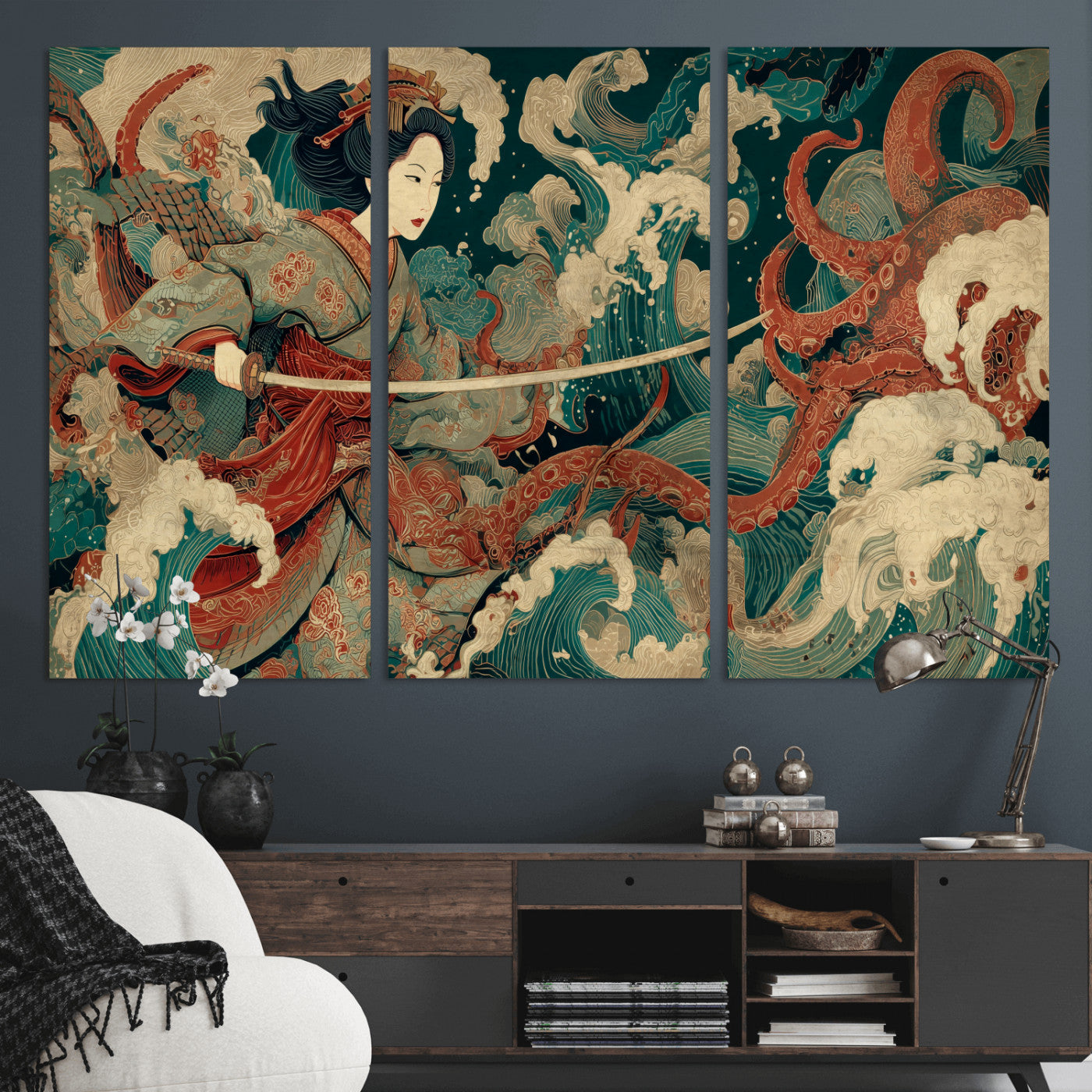30212982-MGV-CV-36X24-Samurai Woman vs Octopus Wall Art – Japanese Ukiyo-e Style Warrior and Sea Monster Canvas Print, Mythology Inspired Artwork for