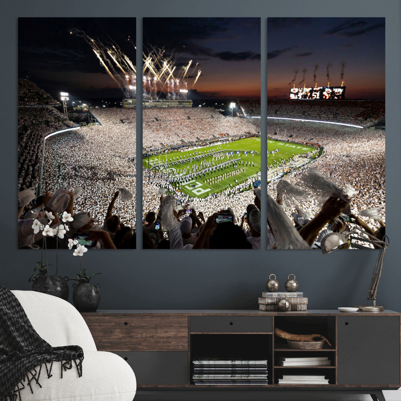 Penn-MGV-CV-36X24-Football Stadium Wall Art – Panoramic Night Game Canvas Print, Packed Crowd with Fireworks, Sports Decor for Office, Man Cave, Bar