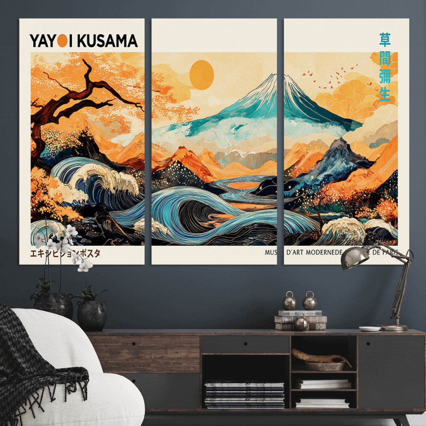 94085549-MGV-CV-36X24-Japanese Wave and Mountain Wall Art – Panoramic Abstract Landscape Canvas Print, Asian Inspired Nature Decor for Living Room,