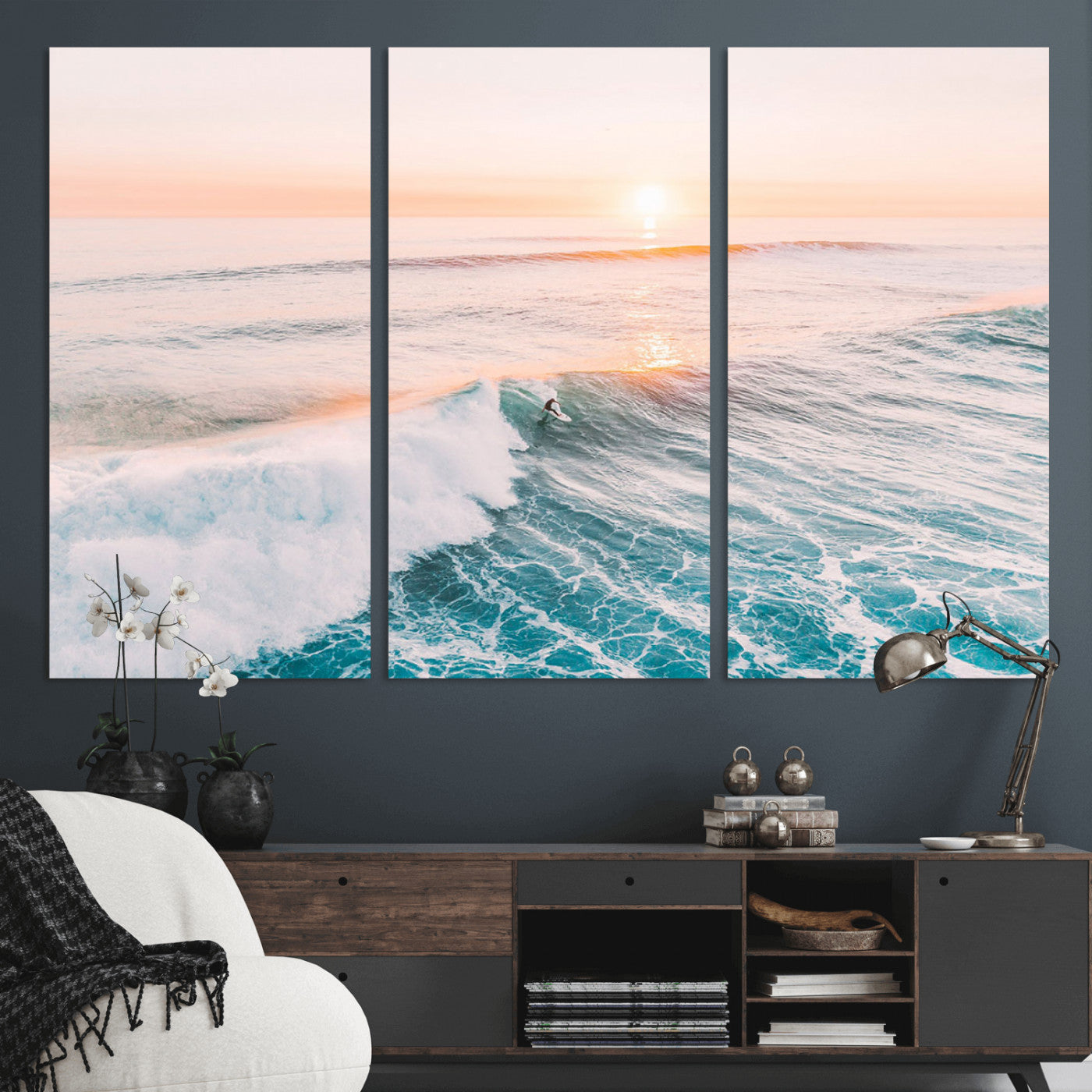 34064591-MGV-CV-36X24-Surfing Wall Art – Sunset Ocean Wave Canvas Print, Surfer Riding Sea Photography Decor for Bedroom, Living Room, Office, Coastal