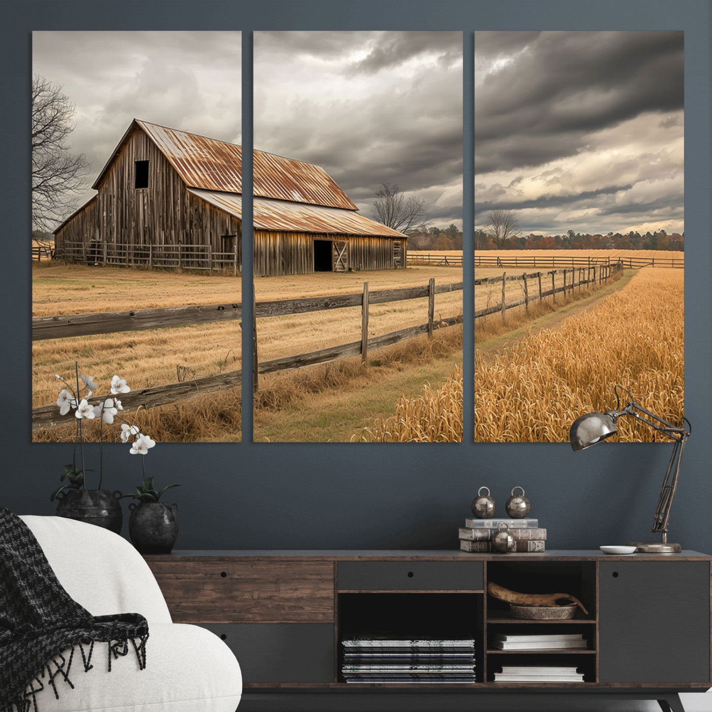 21991117-MGV-CV-36X24-Rustic Barn Wall Art – Weathered Farmhouse Canvas Print, Stormy Sky and Golden Field Photography Decor for Bedroom, Living Room,