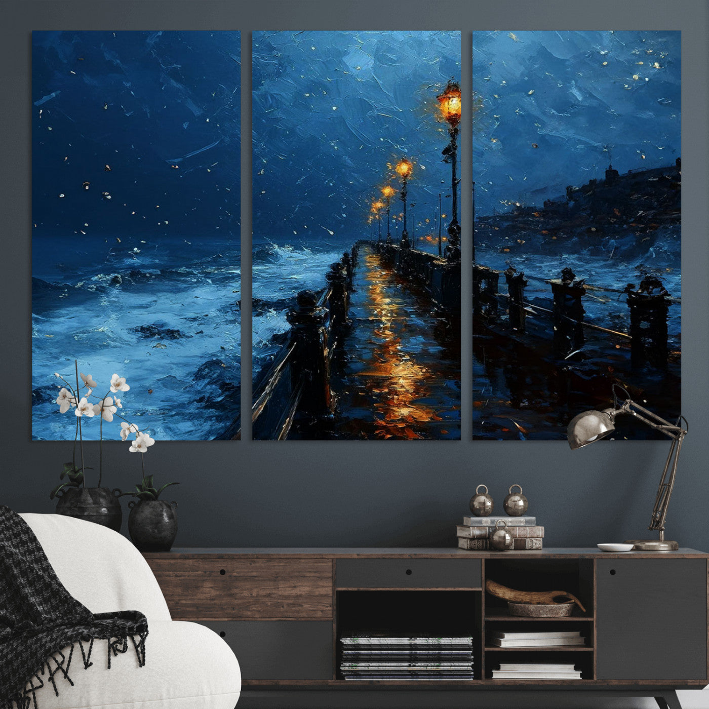 48300530-MGV-CV-36X24-Night Pier Wall Art – Moody Ocean Boardwalk Canvas Print, Impressionist Coastal Seascape Painting Decor for Living Room, Office,