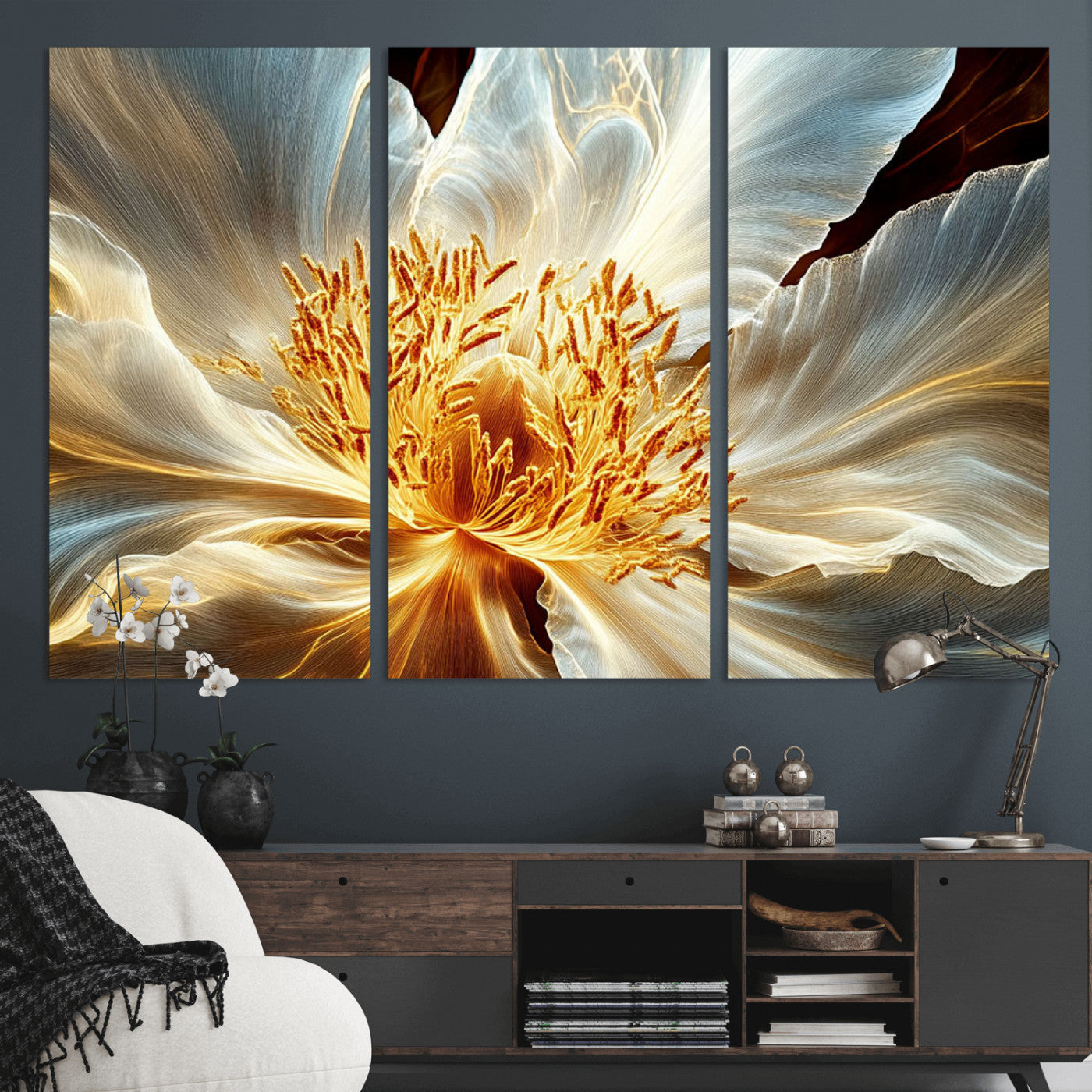 20862576-MGV-CV-36X24-Golden Abstract Flower Canvas Wall Art – Modern Botanical Bloom Print, Elegant Floral Artwork for Living Room, Bedroom, Office