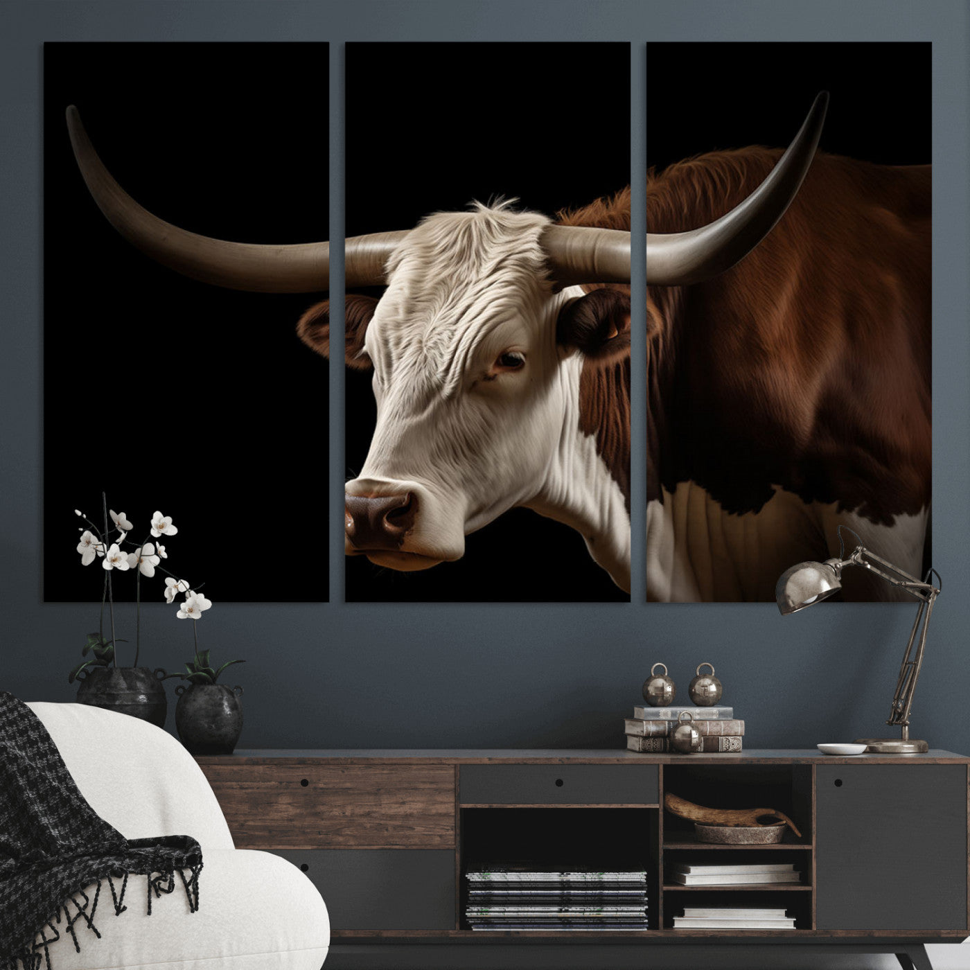 27414857-MGV-CV-36X24-Texas Longhorn Bull Canvas Wall Art – Rustic Western Farmhouse Decor, Brown & White Cow Portrait, Animal Print for Ranch Home