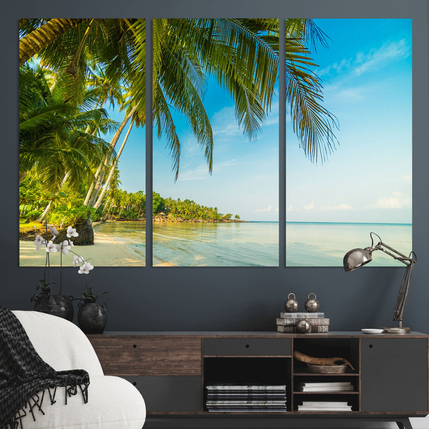 65056721-MGV-CV-36X24-Tropical Beach Wall Art – Palm Tree Coastal Photography Print, Relaxing Ocean Paradise Landscape, Island Seascape Home or Office