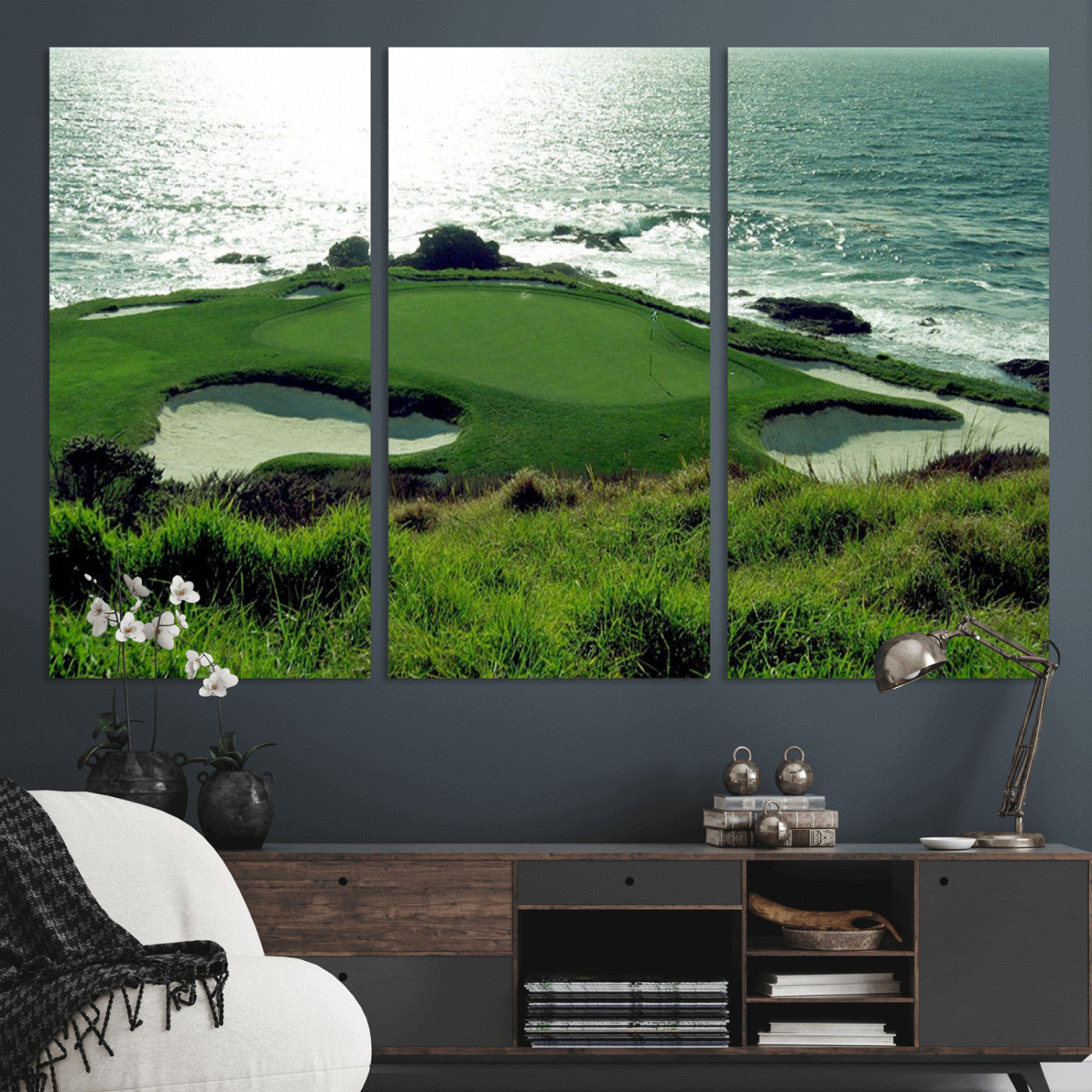 48473947-MGV-CV-36X24-Ocean Golf Course Wall Art – Panoramic Green Fairway Canvas Print, Coastal Golf Landscape Photography Sports Decor for Office, Man
