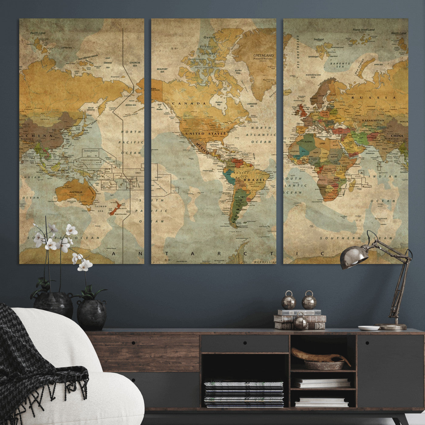 MGV-CV-48X32-3P - Vintage World Map Wall Art Canvas Print, Framed Antique Atlas Art Picture Print, Aged Paper Map Perfect Vintage Explorer Decor Artwork