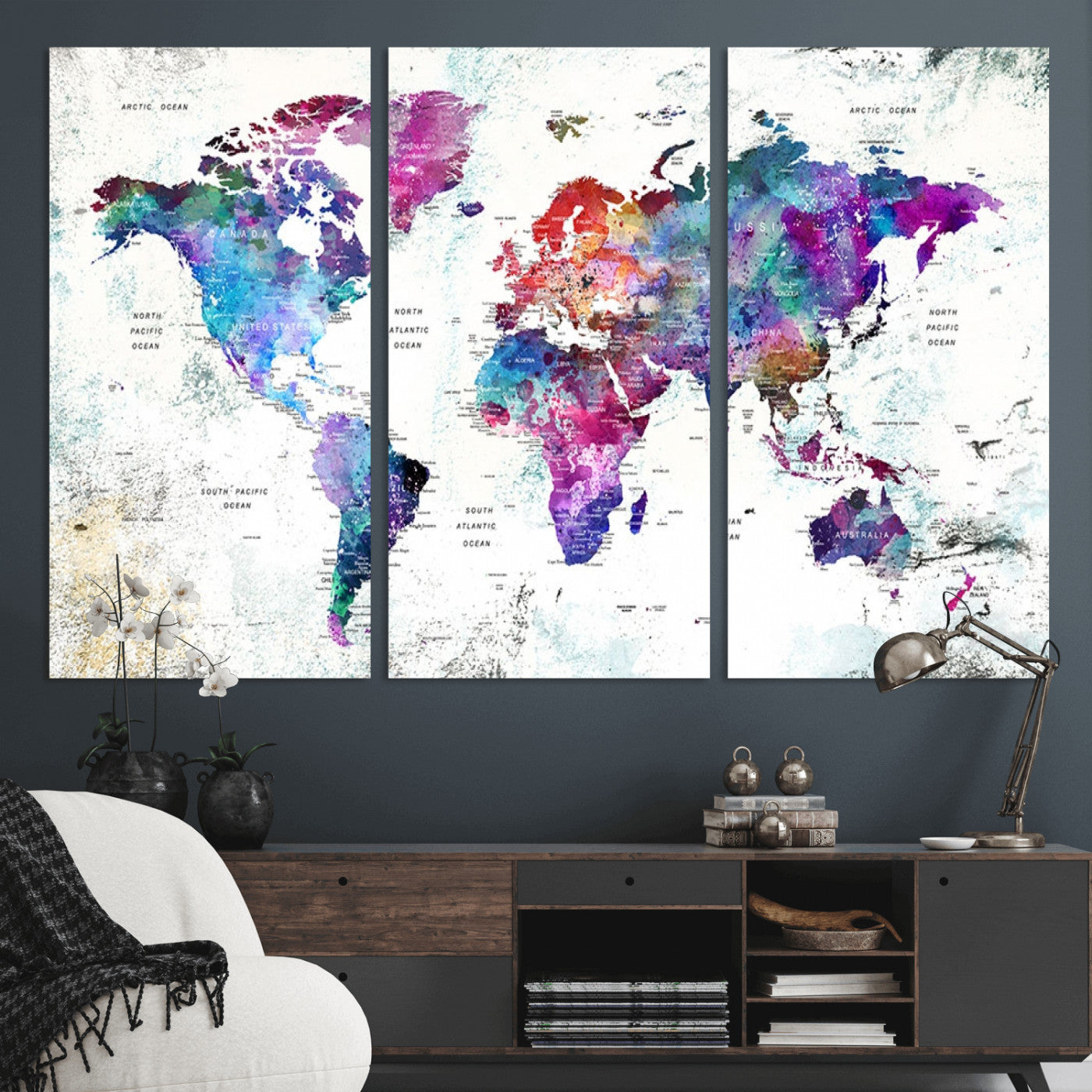MGV-CV-48X32-3P - Colorful World Map Wall Art Canvas Print, Framed Abstract Globe Art Picture Print, Vibrant Map Perfect Vibrant Modern Decor Artwork