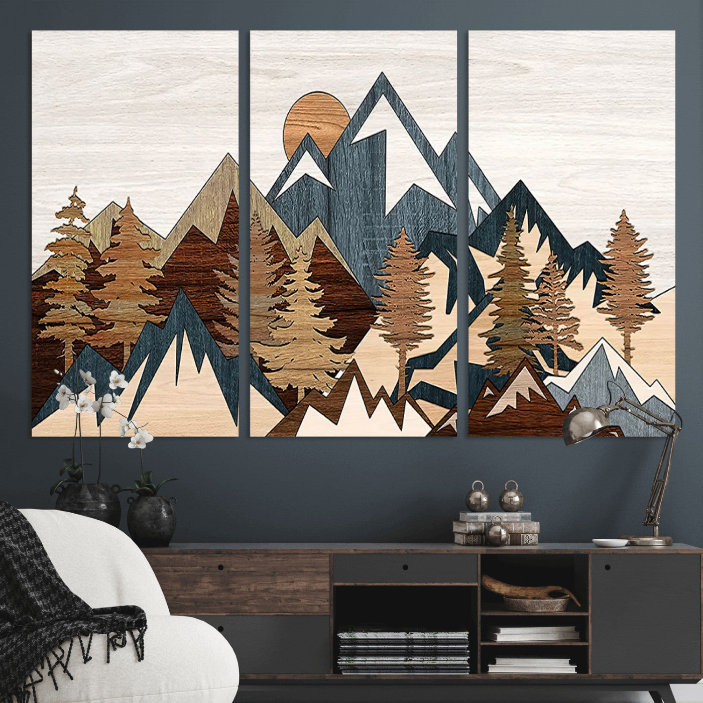 80300-MGV-CV-36X24-Geometric Mountains Wall Art Canvas Print, Framed Stylized Trees Art Picture Print, Graphic Forest Perfect Rustic Abstract Decor