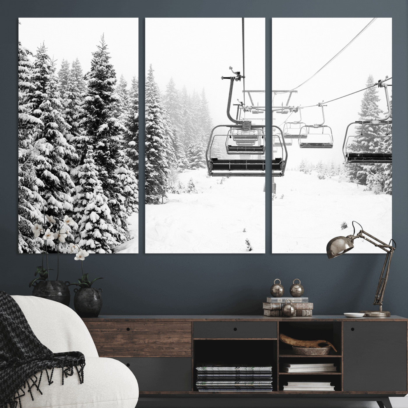 49274-MGV-CV-36X24-Snowy Forest Wall Art Canvas Print, Framed Ski Lift Art Picture Print, Mountain Snow Perfect Minimal Winter Lodge Decor Artwork