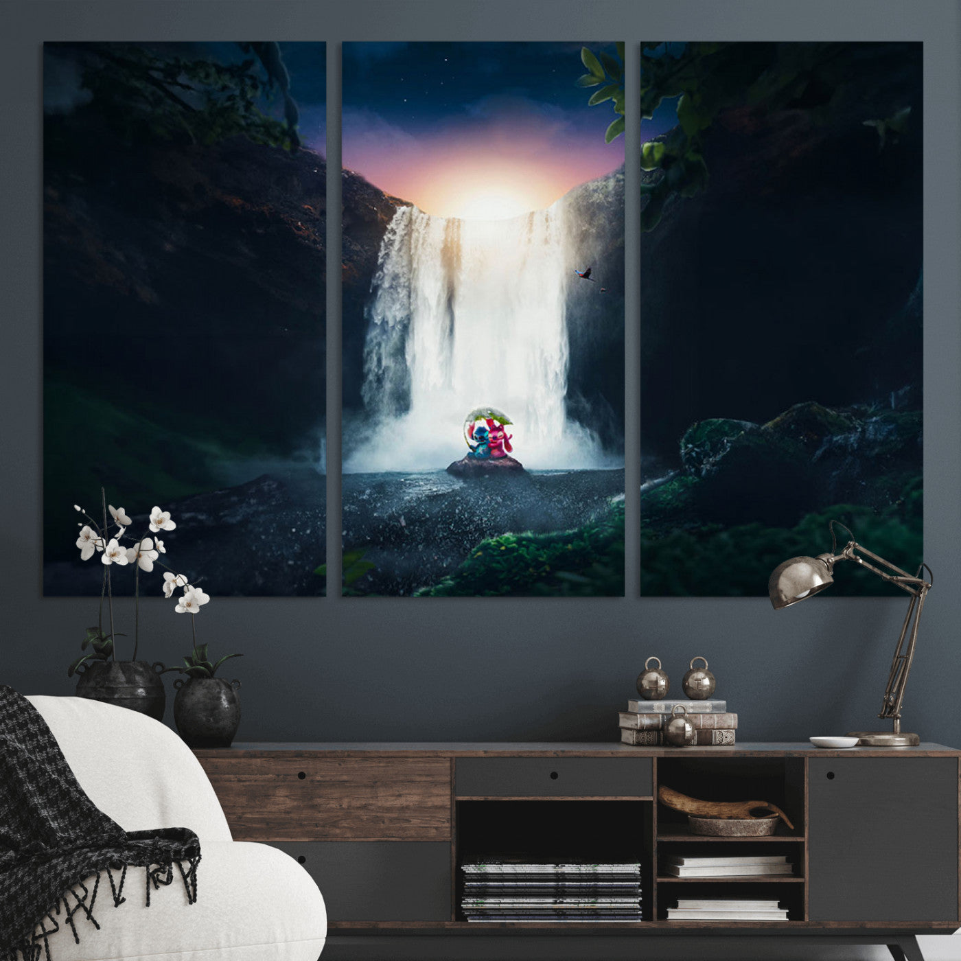 56359-MGV-CV-36X24-Lilo Stitch Wall Art Canvas Print, Framed Stitch Angel Art Picture Print, Cartoon Waterfall Perfect Tropical Fantasy Decor Artwork