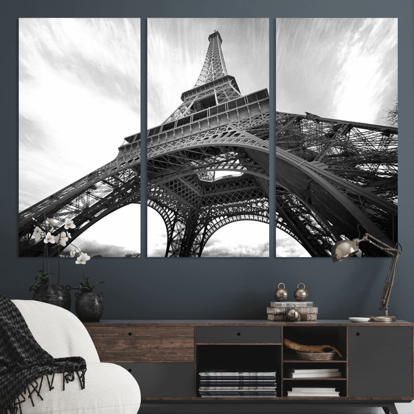 40006-MGV-CV-36X24-Eiffel Tower Wall Art – Black and White Architectural Photo Print, Paris Inspired Decor for Bedroom, Office, Studio or Modern