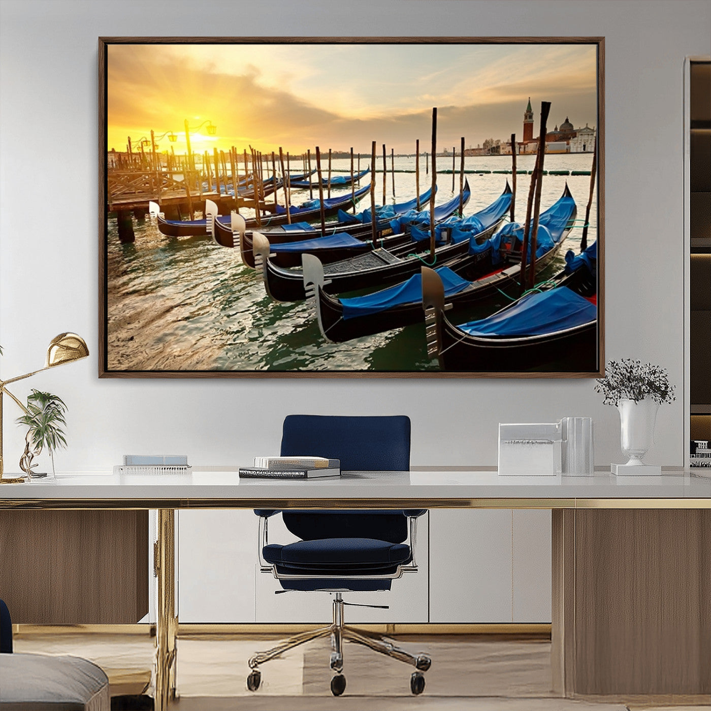 25872-MGV-CV-36X24-Venetian Gondola Dock Wall Art – Serene Sunset Canal Canvas Print, Tranquil Water Travel Decor for Office, Living Room, or Man