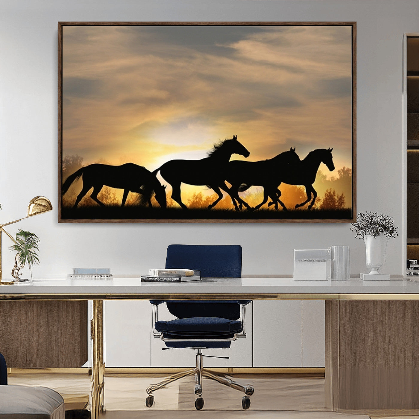 16620-MGV-CV-36X24-Sunset Stallions Wall Art – Silhouetted Horses Running Canvas Print, Nature’s Rhythm, Perfect for Living Room, Office, or Man Cave