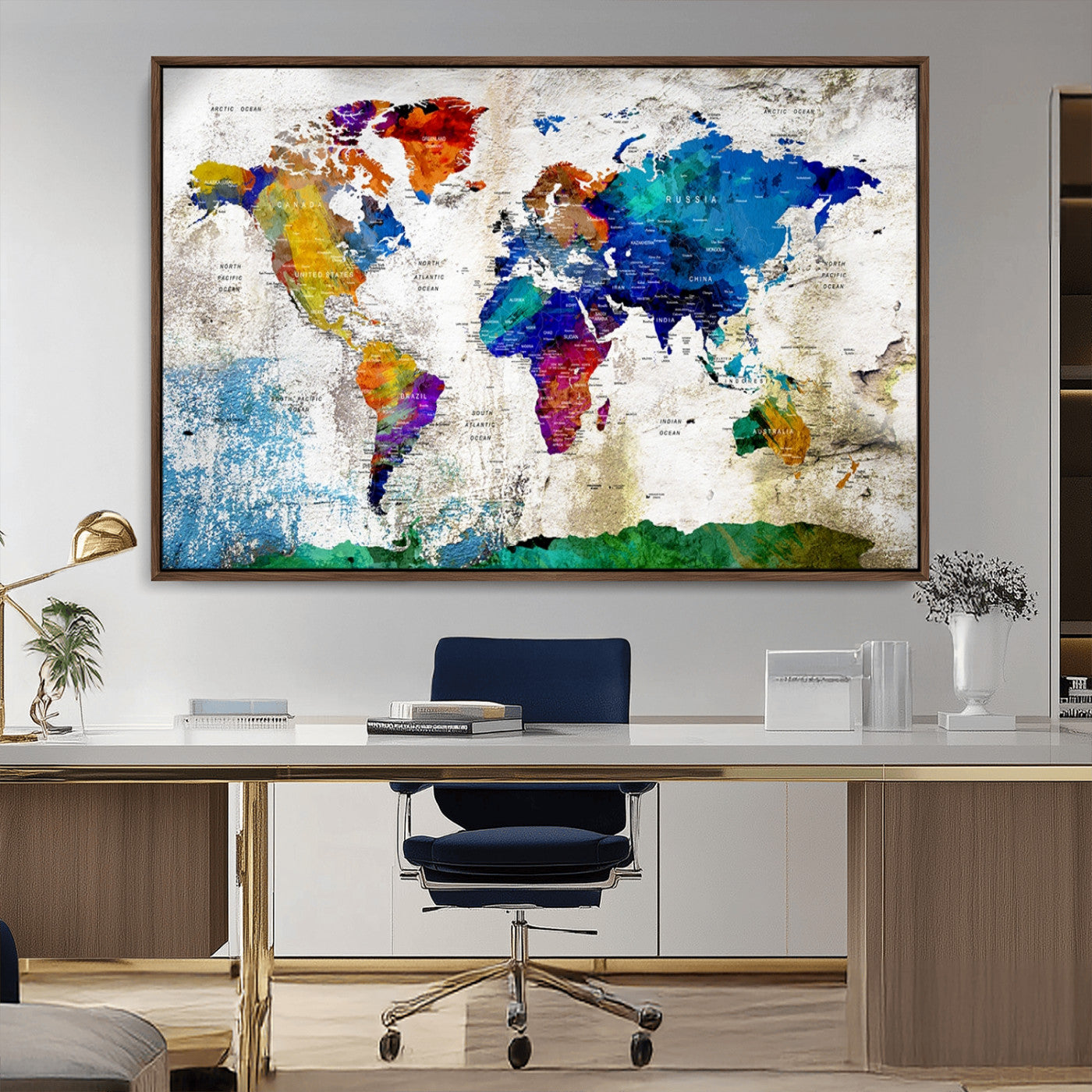 89870-MGV-CV-36X24-Colorful World Map Canvas Wall Art – Modern Abstract Travel Map Print, Vibrant Home and Office Decor