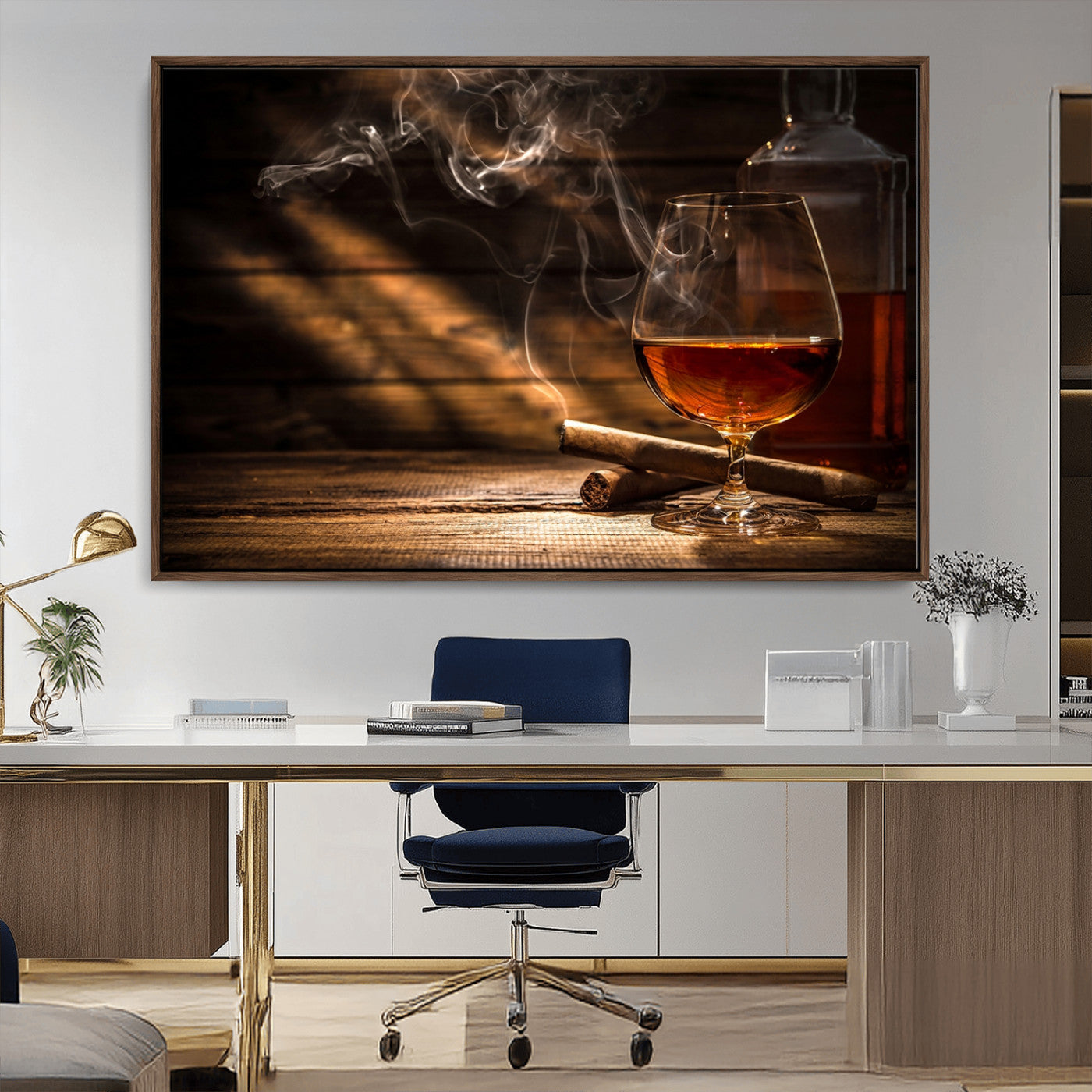 92305-MGV-FC-36X24_Walnut-Whiskey & Cigar Wall Art – Moody Whiskey and Cigar Canvas Print, Sophisticated Bar or Home Lounge Decor for Office, Man Cave or