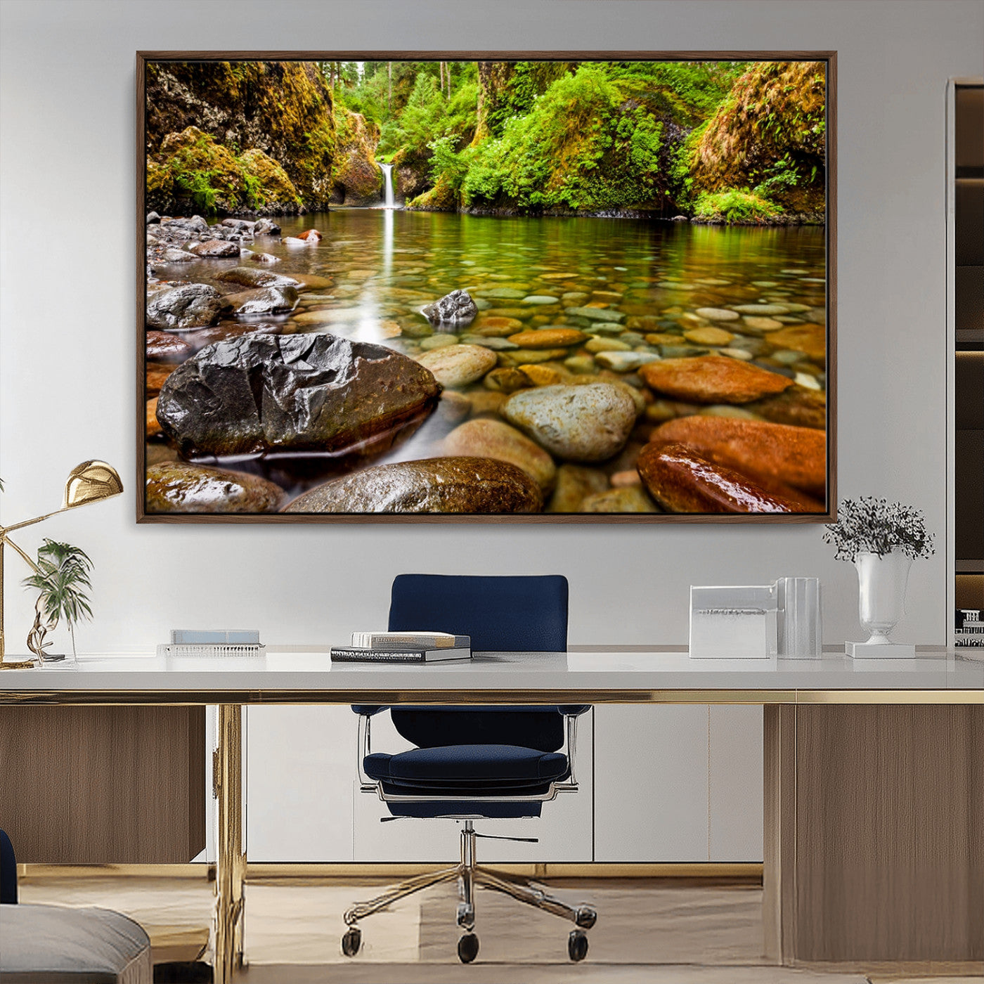 98096-MGV-CV-36X24-Serene River Waterfall Nature Photo – Calm Clear Water, Vibrant Green Forest and Smooth Stones Landscape Wall Art for Home or