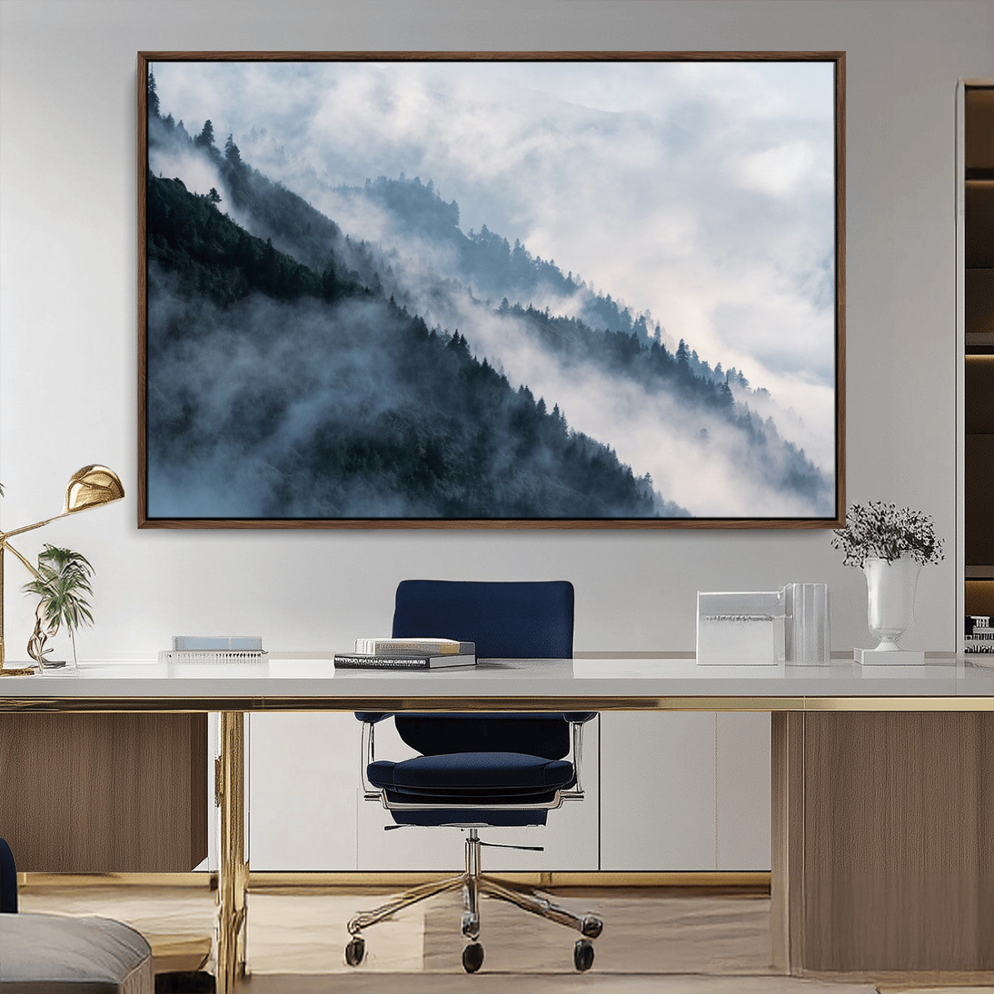 85737-MGV-FC-36X24_Walnut-Misty Mountain Wall Art – Atmospheric Pine Forest Canvas Print with Fog and Mist, Calm Nature Decor for Living Room, Bedroom,