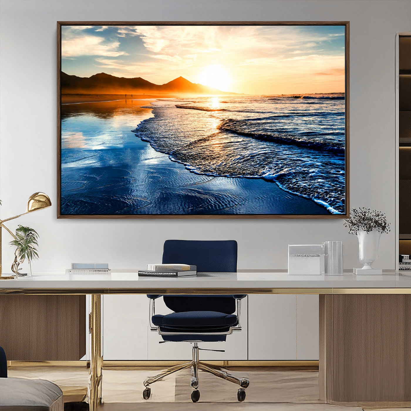 86173-MGV-CV-36X24-Golden Sunset Beach Wall Art – Reflective Ocean Canvas Print with Mountains and Waves, Coastal Nature Decor for Living Room,