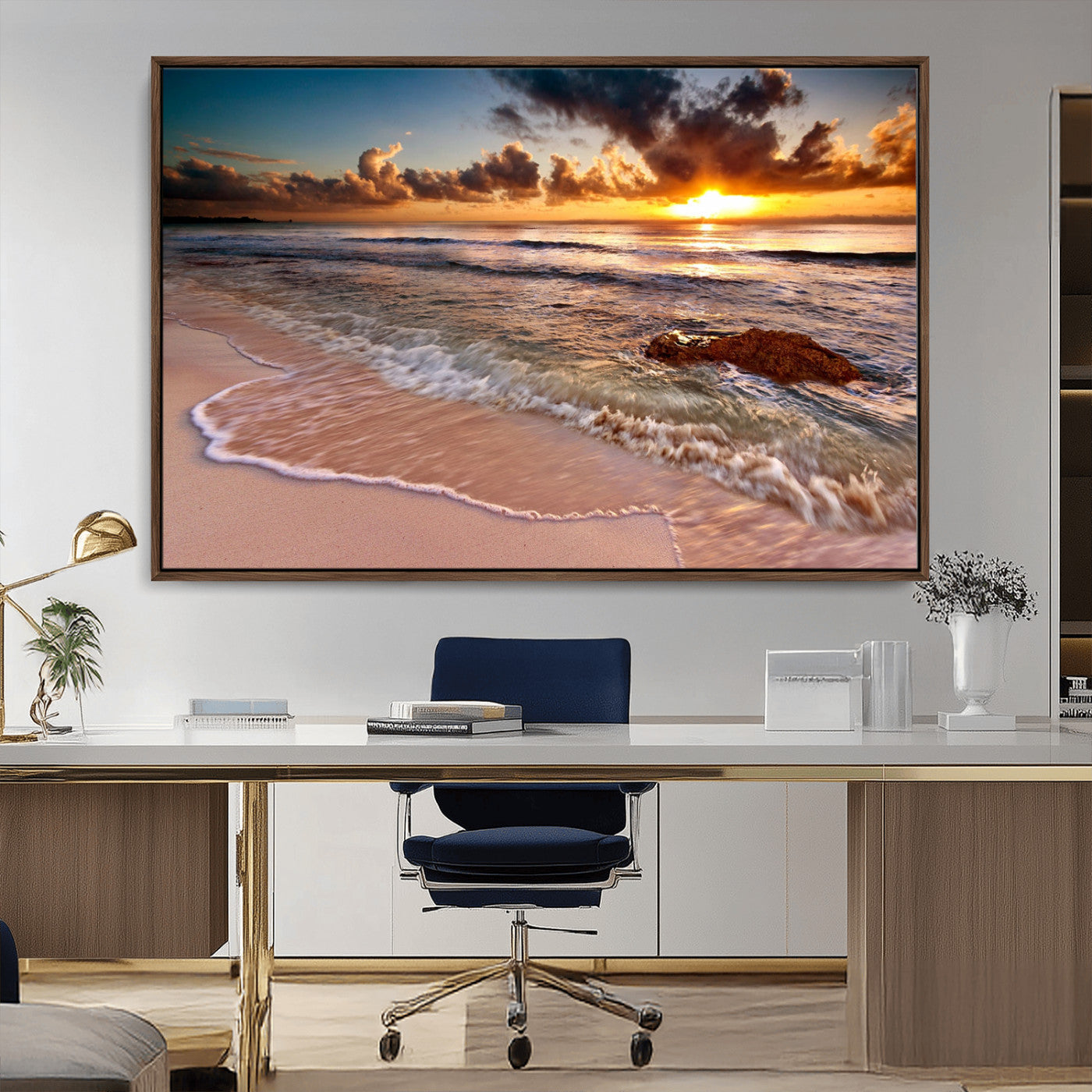 38302-MGV-CV-36X24-Sunset Beach Wall Art – Stunning Ocean Waves and Rock Canvas Print, Warm Coastal Decor for Living Room, Bedroom, Office or Beach