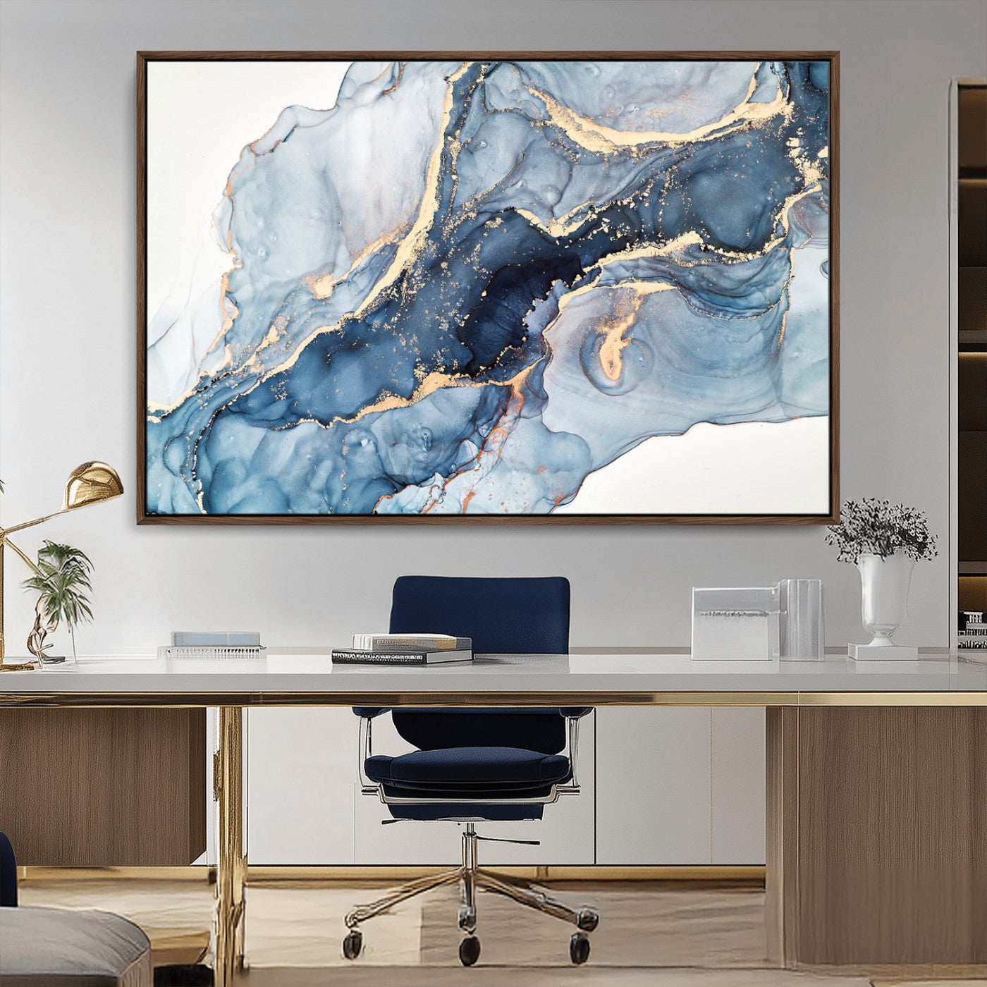 33782-MGV-CV-36X24-Abstract Marble Wall Art – Blue & Gold Fluid Painting Canvas Print, Modern Home Decor for Living Room, Bedroom or Office