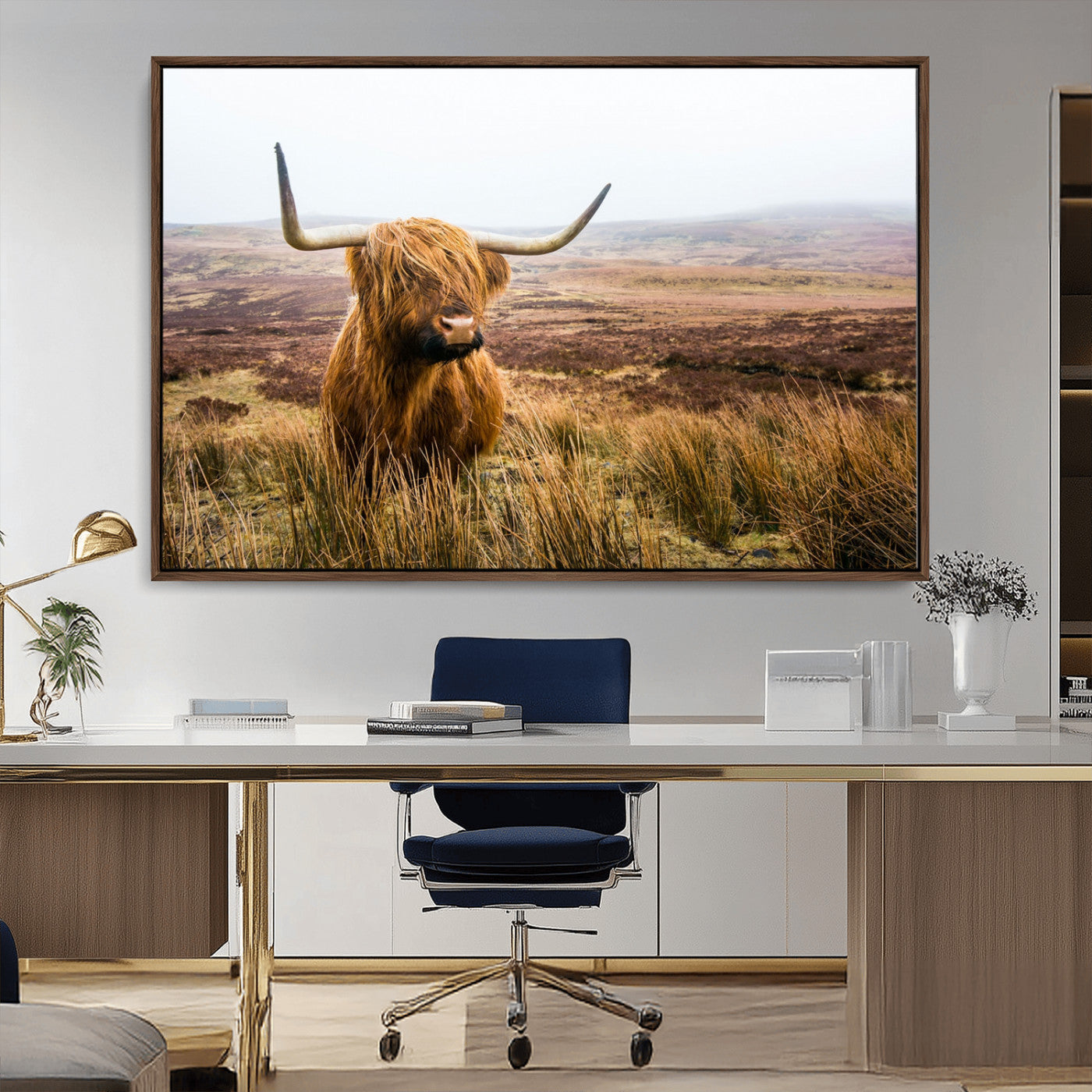 79391-MGV-CV-36X24-Majestic Highland Cow in Misty Scottish Moorland – Rustic Natural Charm, Perfect for Unique Home or Office Decor