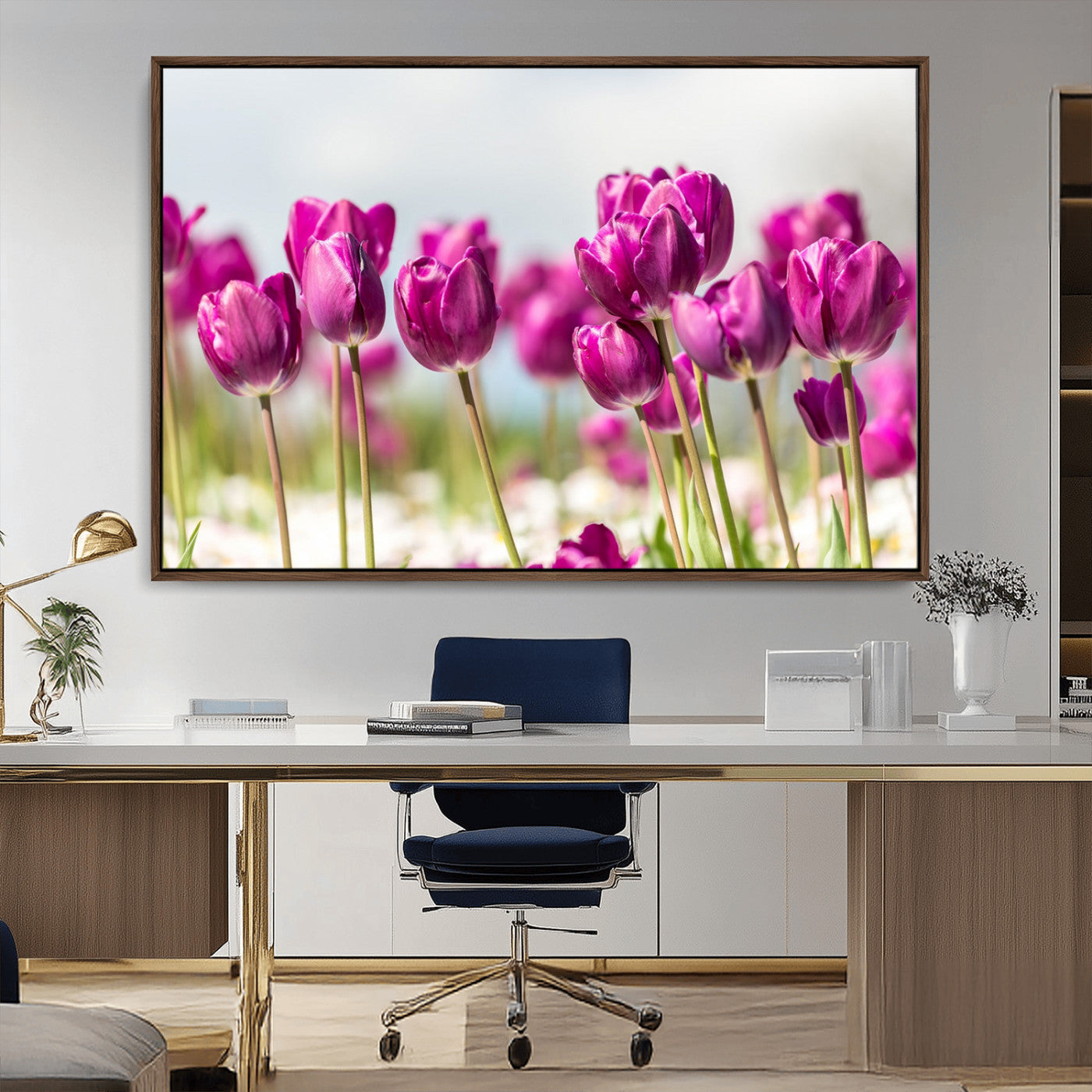 30632-MGV-CV-36X24-Purple Tulip Field Wall Art – Beautiful Spring Flowers Canvas Print with Soft Focus and Bright Sky, Ideal Floral Decor for Home or