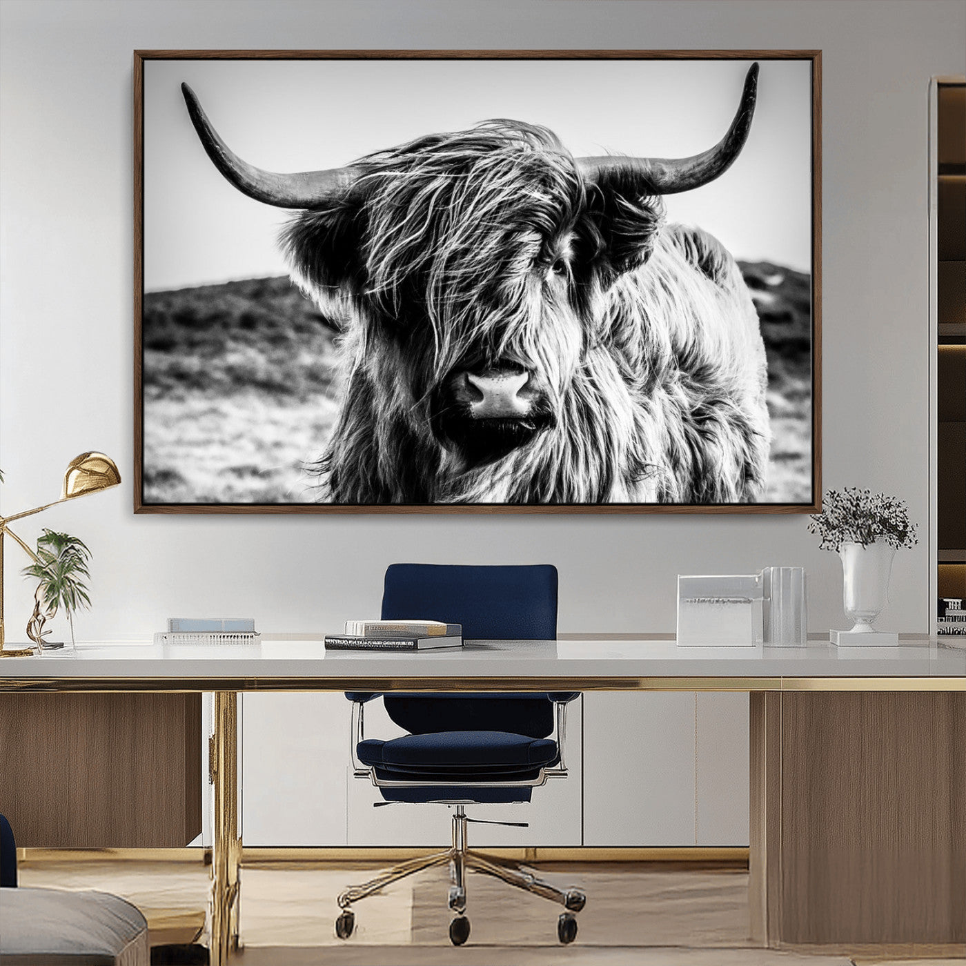 36979-MGV-CV-36X24-Striking black-and-white portrait of a Highland cow with flowing fur and majestic horns, perfect for rustic and elegant home or