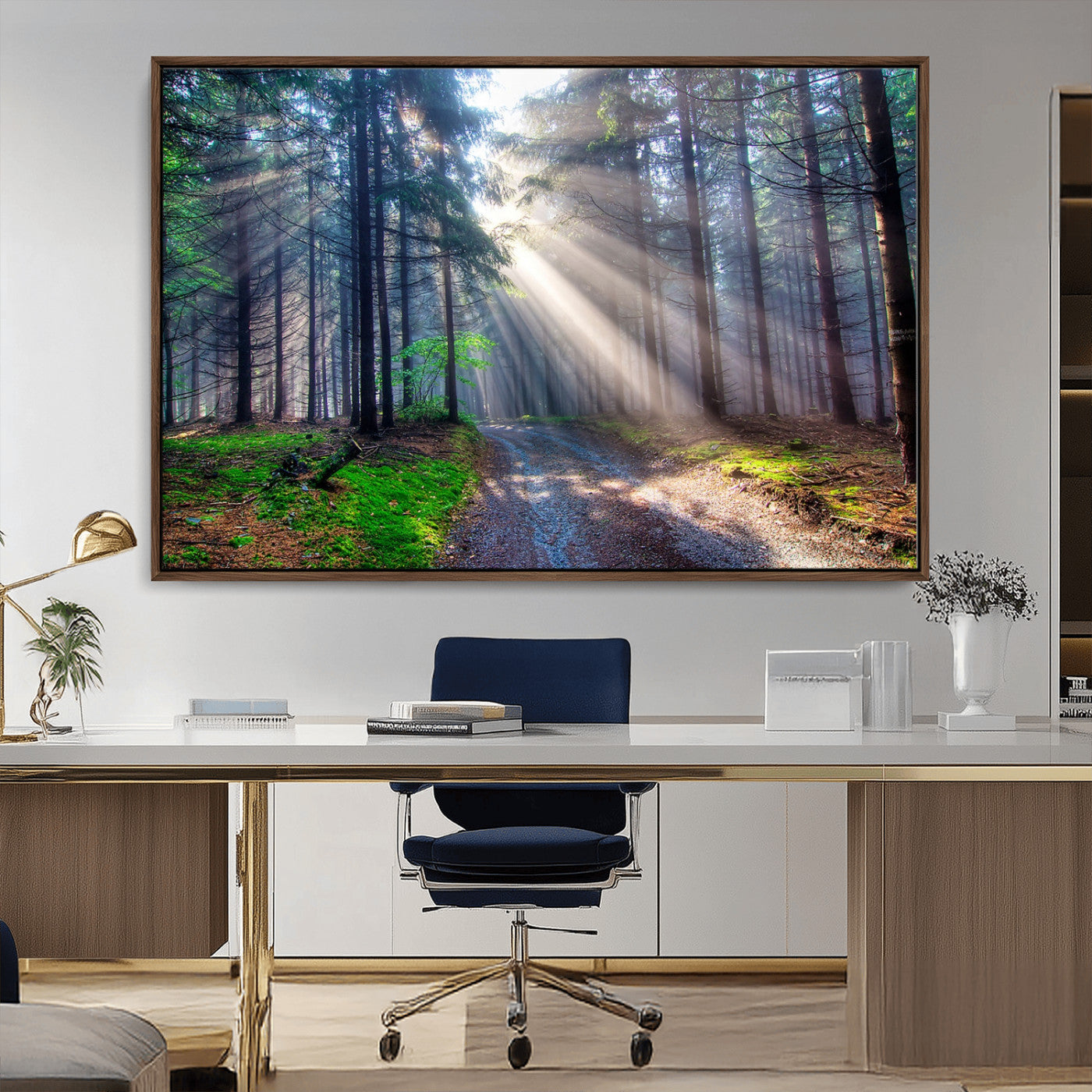 42047-MGV-CV-36X24-Sunlit Forest Path Wall Art – Nature Canvas Print, Serene Woodland Landscape, Perfect Home & Office Decor for Calm and Tranquil