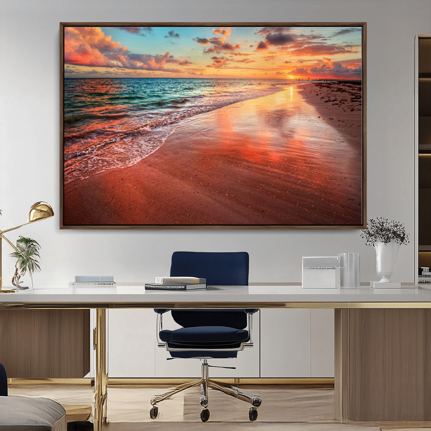 77723-MGV-CV-36X24-Sunset Beach Wall Art – Vibrant Ocean Waves and Golden Horizon Canvas Print, Coastal Seascape Photography Home Decor