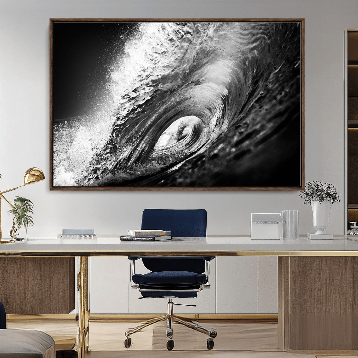 22702-MGV-CV-36X24-Black and White Ocean Wave Wall Art – Powerful Surf Curl Photography Canvas Print, Modern Coastal Decor for Living Room, Office or