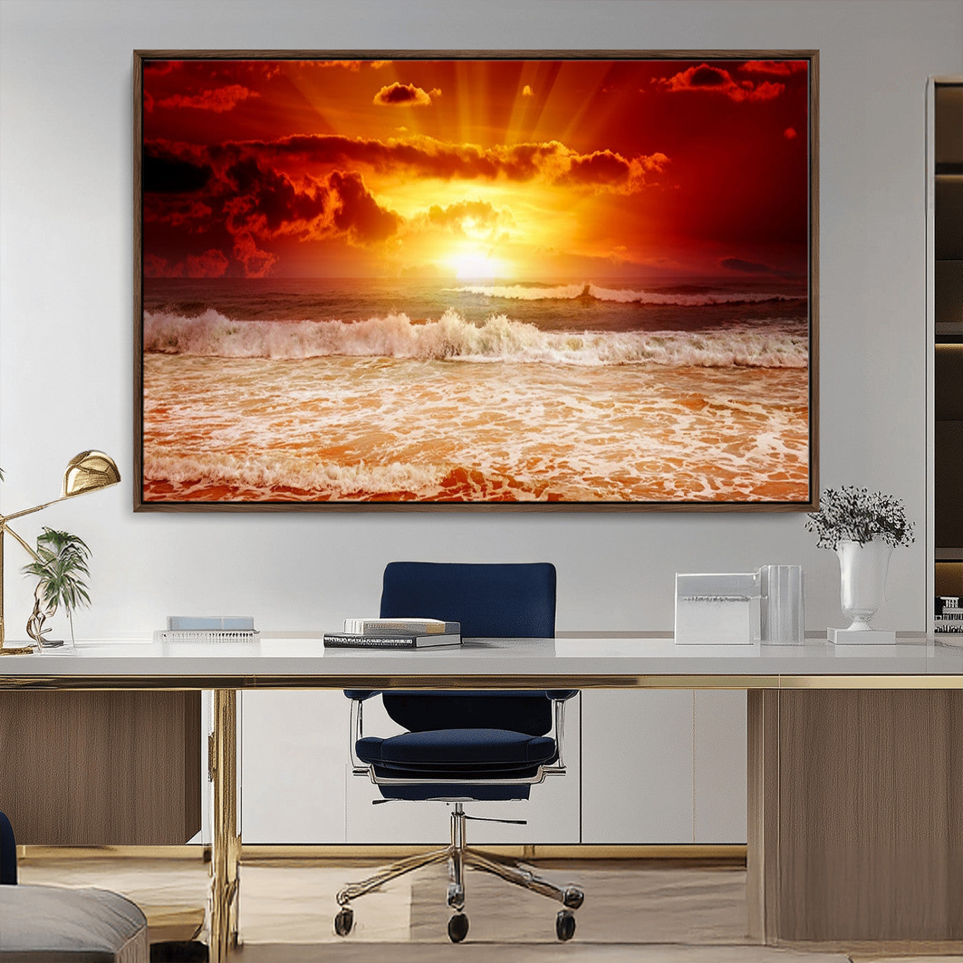 60211-MGV-CV-36X24-Fiery Sunset Ocean Wall Art – Red Sky Seascape Canvas Print with Waves, Bold Coastal Sunset Decor for Living Room or Bedroom