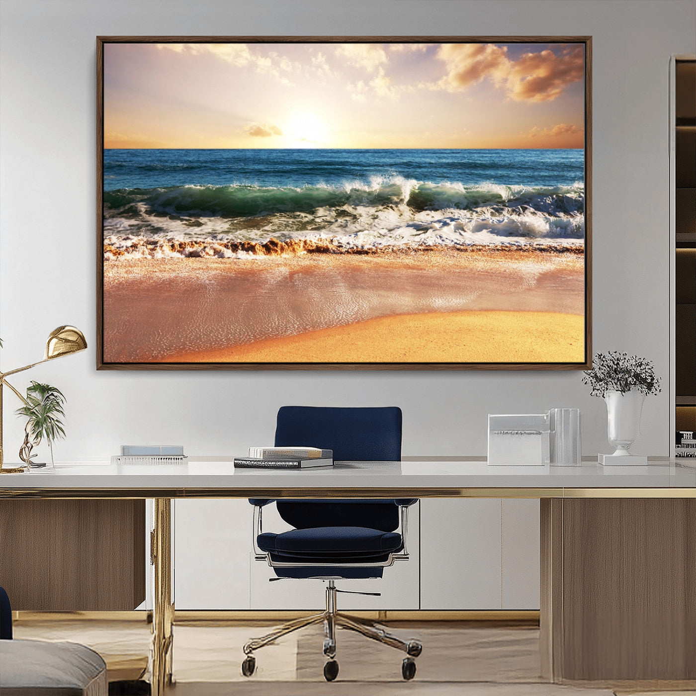 79005-MGV-CV-36X24-Golden Sunrise Ocean Waves Wall Art – Panoramic Seashore Canvas Print, Calming Coastal Decor for Home, Office or Relaxation Space