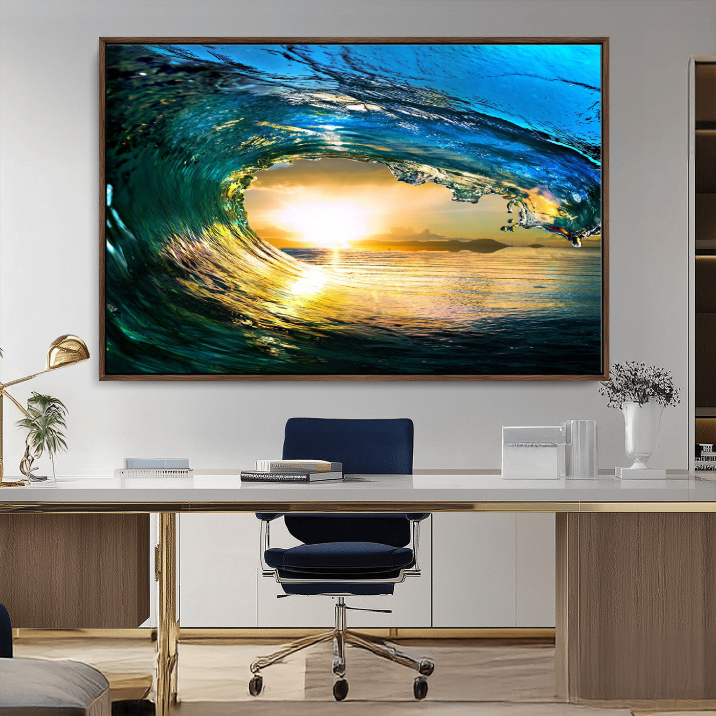 19378-MGV-CV-36X24-Ocean Wave Sunset Wall Art – Vibrant Surf and Golden Horizon Canvas Print, Coastal Seascape Photography for Living Room, Bedroom,