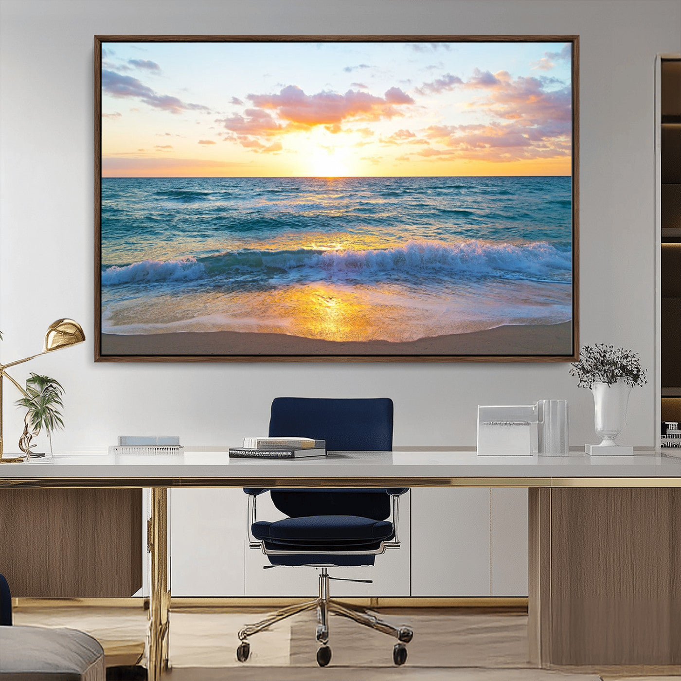 78006-MGV-CV-36X24-Golden Sunrise Ocean Wall Art – Panoramic Beach Waves Canvas Print, Coastal Seascape Artwork for Living Room, Bedroom, Office, or