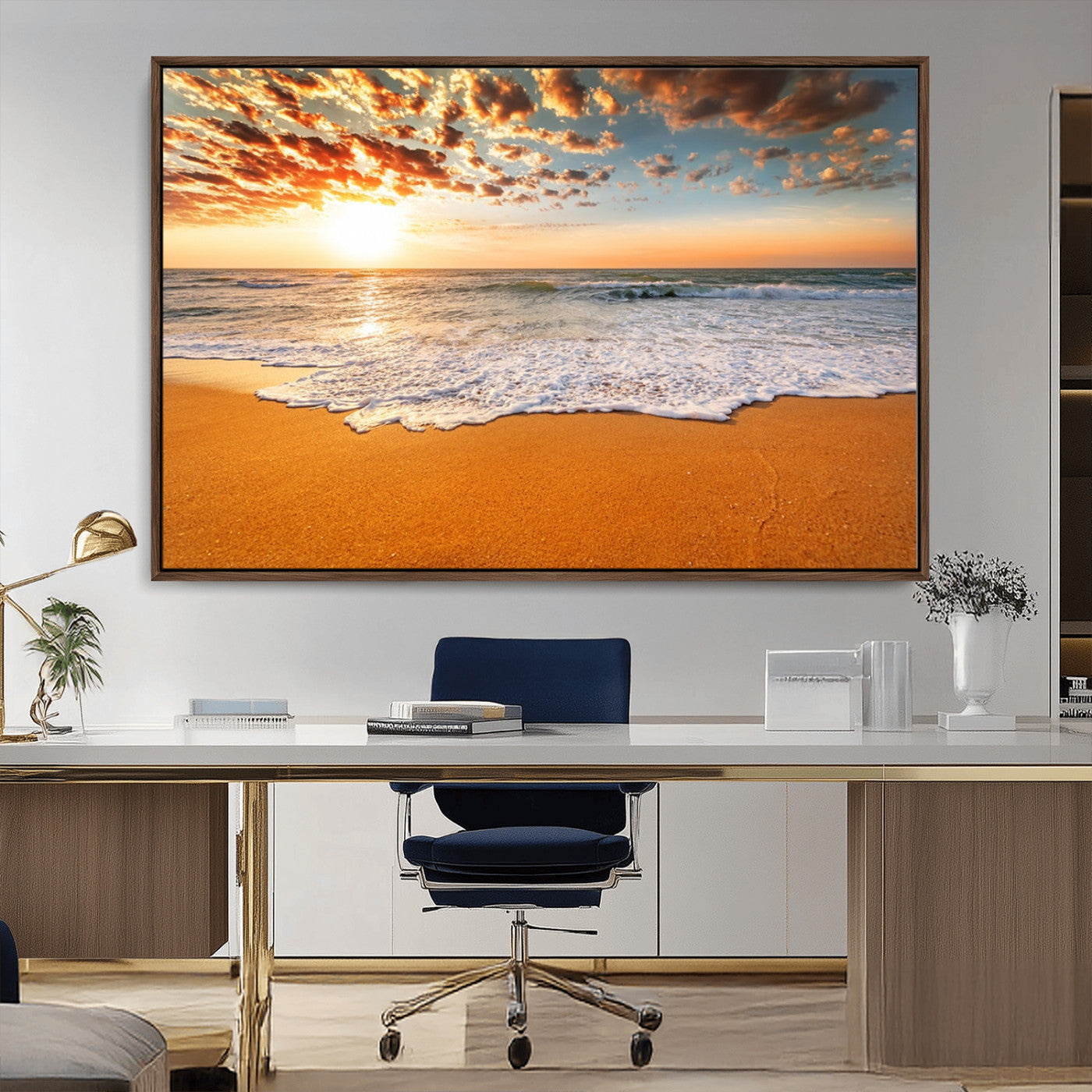 15399-MGV-CV-36X24-Golden Sunrise Beach Wall Art – Ocean Waves on Sandy Shore Canvas Print, Coastal Seascape Decor for Living Room or Bedroom