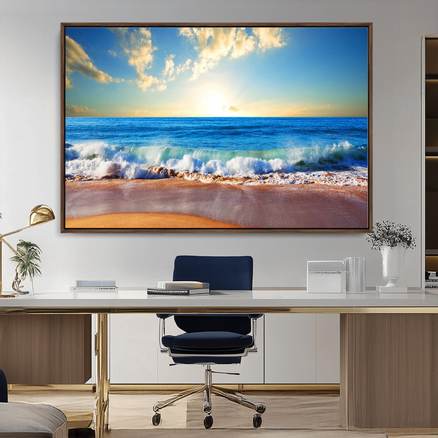 50522-MGV-CV-36X24-Ocean Sunrise Wall Art – Peaceful Beach Waves and Golden Horizon Canvas Print, Coastal Seascape Decor for Home or Office