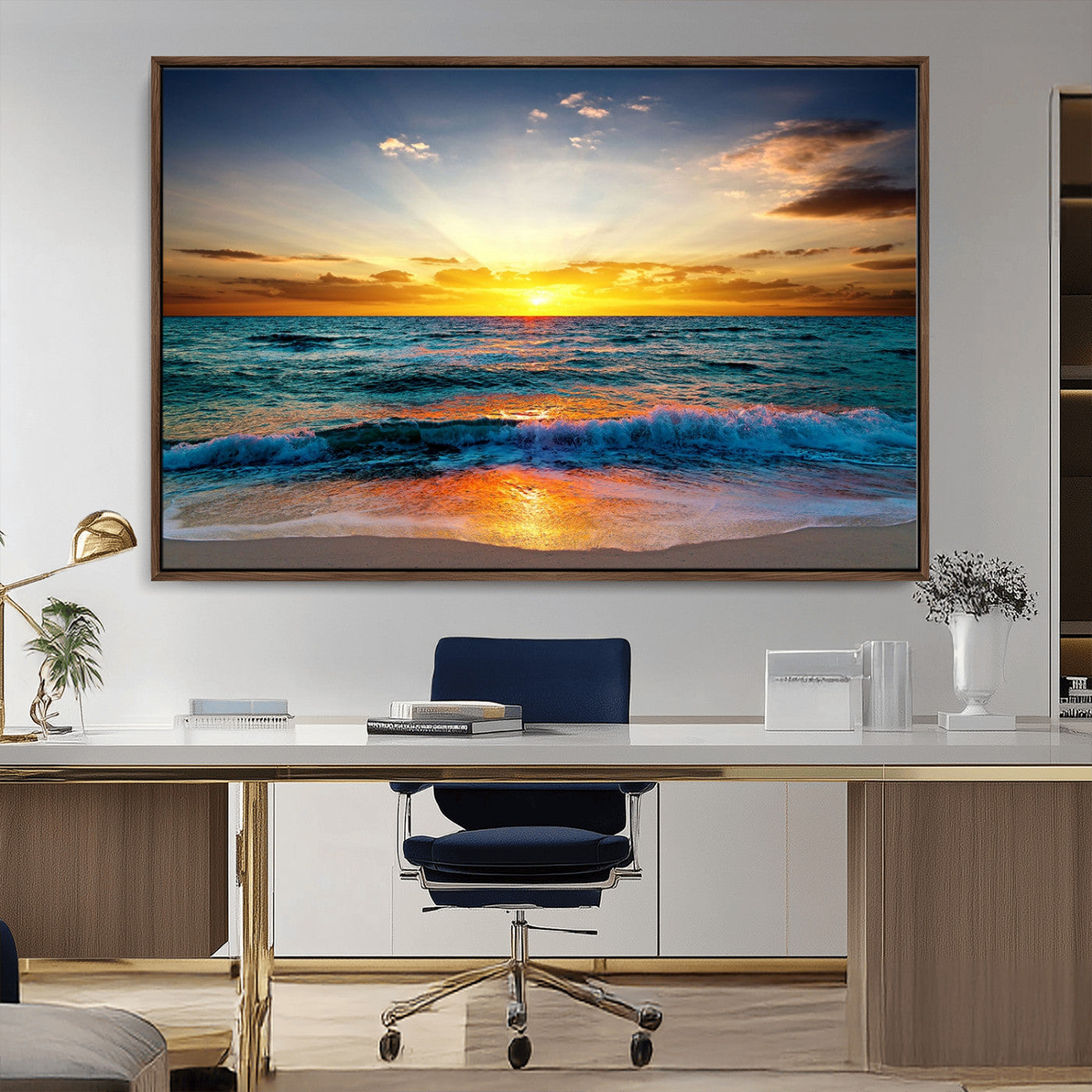 50627-MGV-CV-36X24-Ocean Sunset Wall Art – Serene Beach Canvas Print with Waves and Golden Sky, Coastal Decor for Living Room or Office