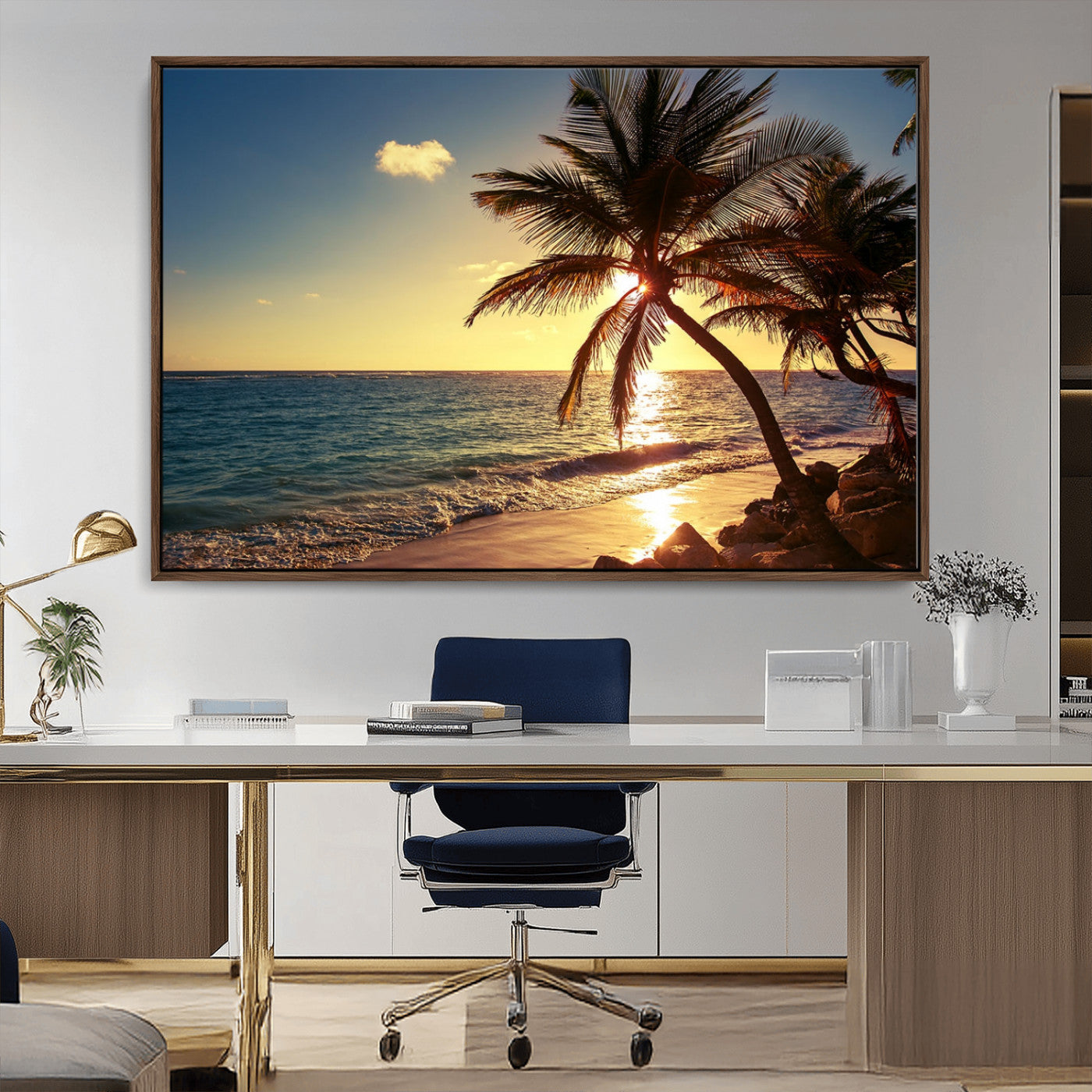 82710-MGV-CV-36X24-Palm Tree Sunset Beach Wall Art – Tropical Ocean Canvas Print, Coastal Paradise Seascape Decor for Living Room or Office Wall