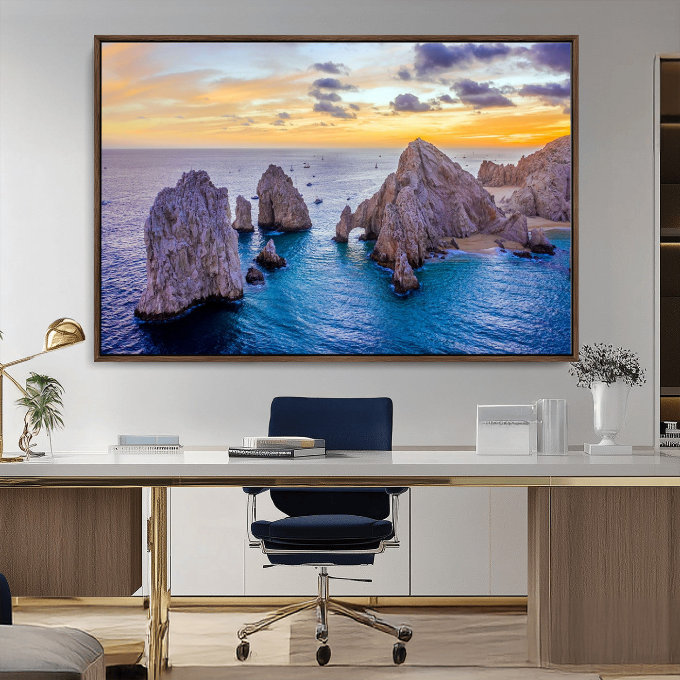 72955-MGV-CV-36X24-Ocean Rock Formation Wall Art – Sunset Coastal Seascape Print, Beach Landscape Decor for Living Room or Office