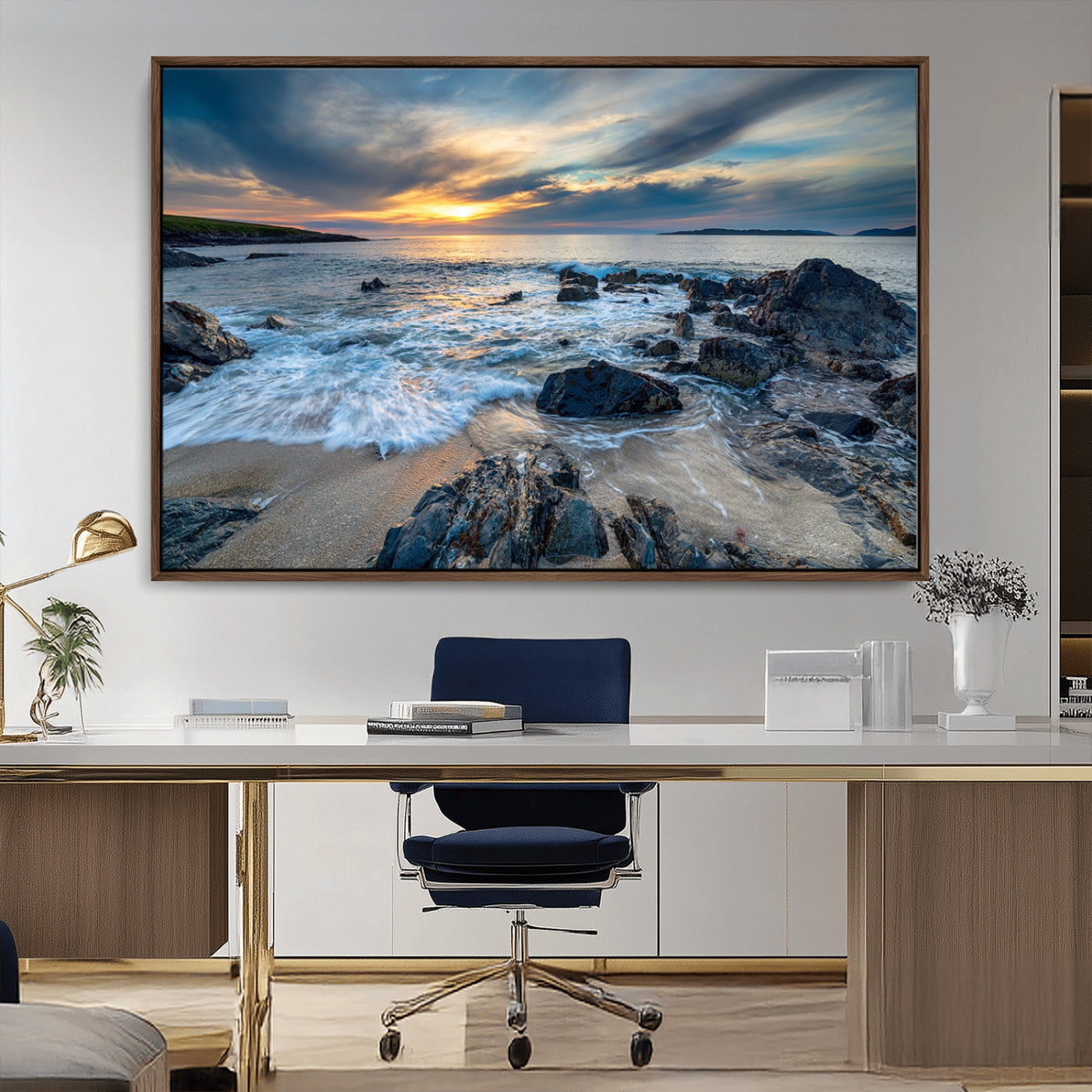 17902-MGV-CV-36X24-Rocky Shore Ocean Sunset Wall Art – Coastal Seascape Canvas Print, Nature Beach Decor for Living Room or Office