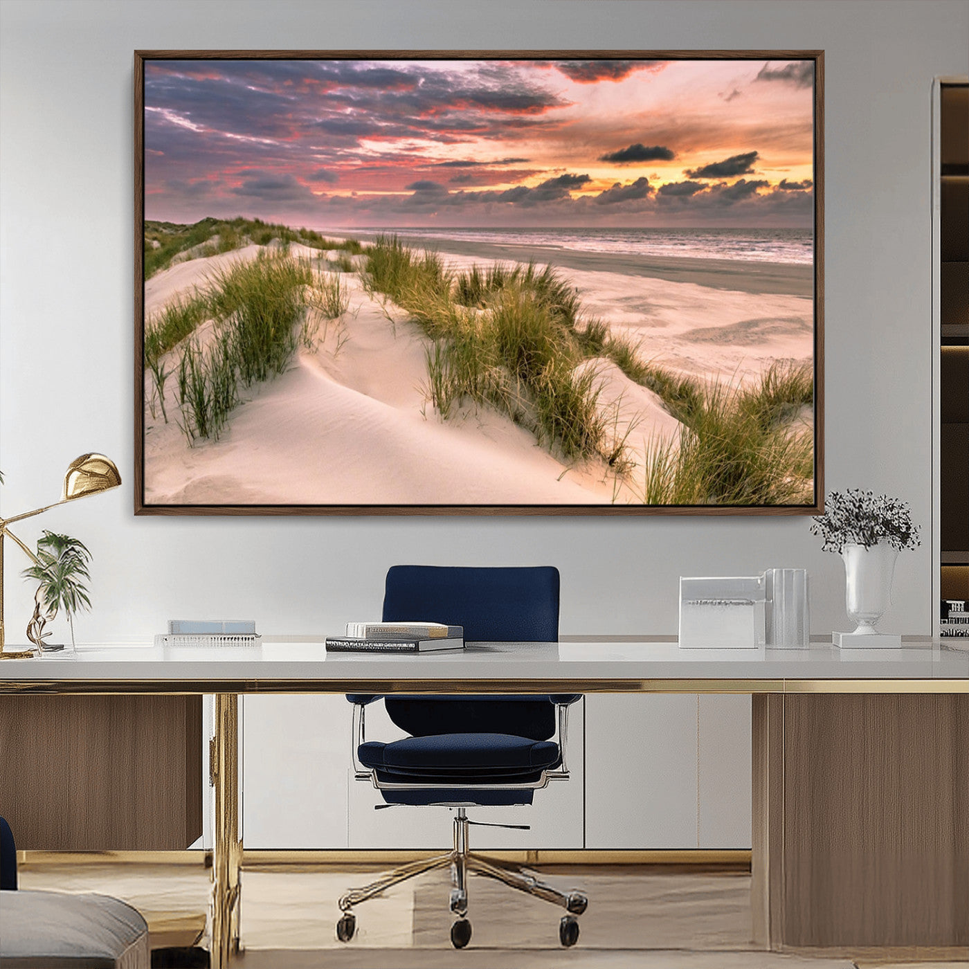60570-MGV-CV-36X24-Beach Sunset Wall Art – Coastal Sand Dunes and Ocean Horizon Canvas Print, Tranquil Seascape Photography Decor for Living Room or