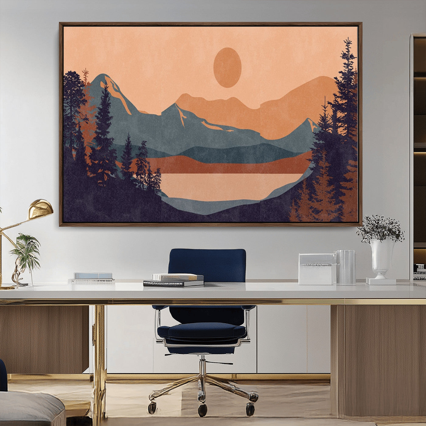 62795-MGV-CV-36X24-Minimalist Mountain Landscape Wall Art – Abstract Sunset Over Peaks and Pine Trees Canvas Print, Modern Nature Decor for Living