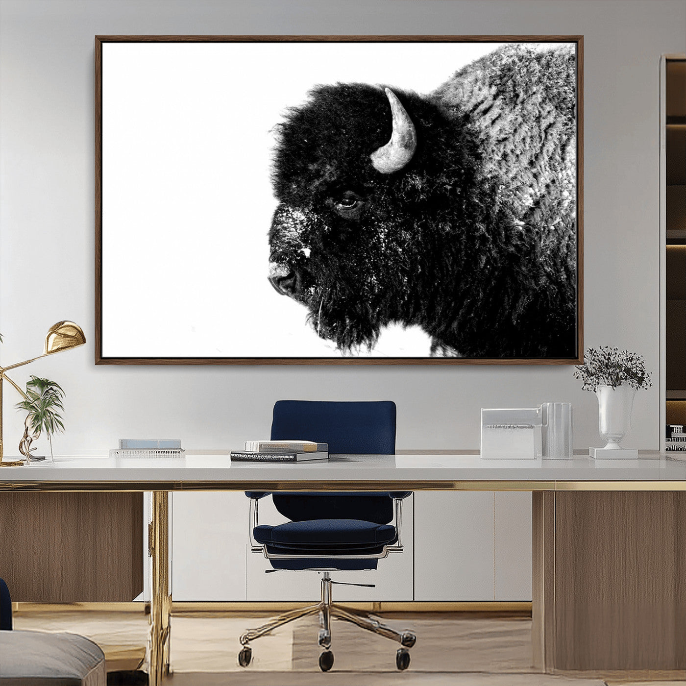 68780-MGV-CV-36X24-Bison Close-Up Wall Art – Black and White Buffalo Canvas Print, Rustic Wildlife Photography Decor for Living Room, Office, or