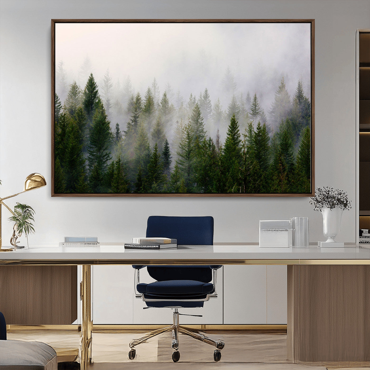 11436-MGV-CV-36X24-Misty Forest Wall Art – Tranquil Evergreen Tree Canvas Print with Foggy Landscape, Nature Inspired Artwork for Bedroom, Living