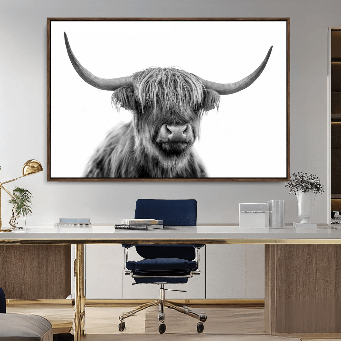 10123-MGV-CV-36X24-Black and White Highland Cow Wall Art – Modern Farmhouse Animal Print, Rustic Scottish Bull Canvas Decor for Living Room, Bedroom,