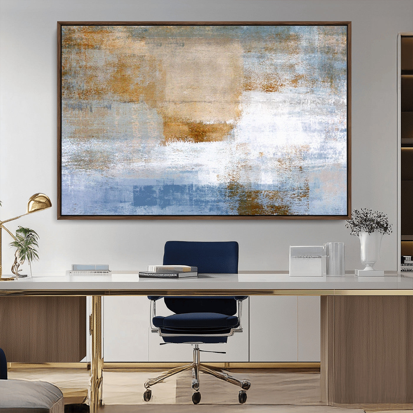 72354-MGV-CV-36X24-Blue and Gold Abstract Wall Art – Modern Minimalist Canvas Print, Textured Contemporary Painting for Living Room, Bedroom, or